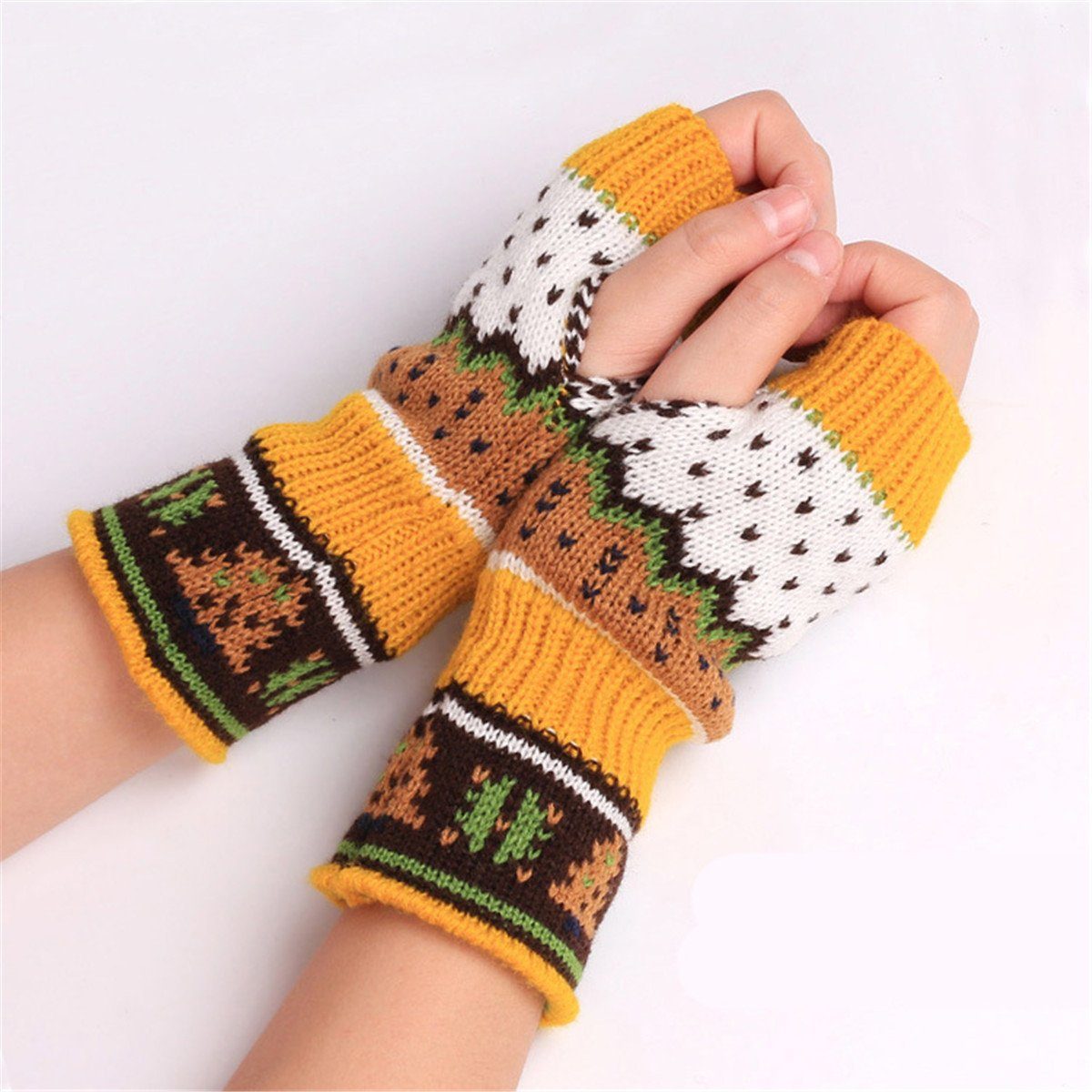 Die Sterne Trikot-Handschuhe Fingerlose Strickhandschuhe im skandinavischen Design, mehrfarbig Kurkuma