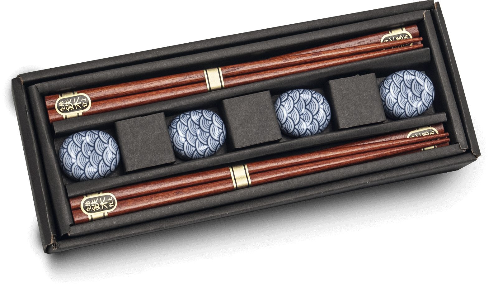 WestCraft Essstäbchen Essstäbchen Set Asiatica, 4 Paar Holz-Essstäbchen mit Keramik-Ablagen, Japan taditionell & Blue Waves, Hochwertiges Chopstick-Set für Sushi