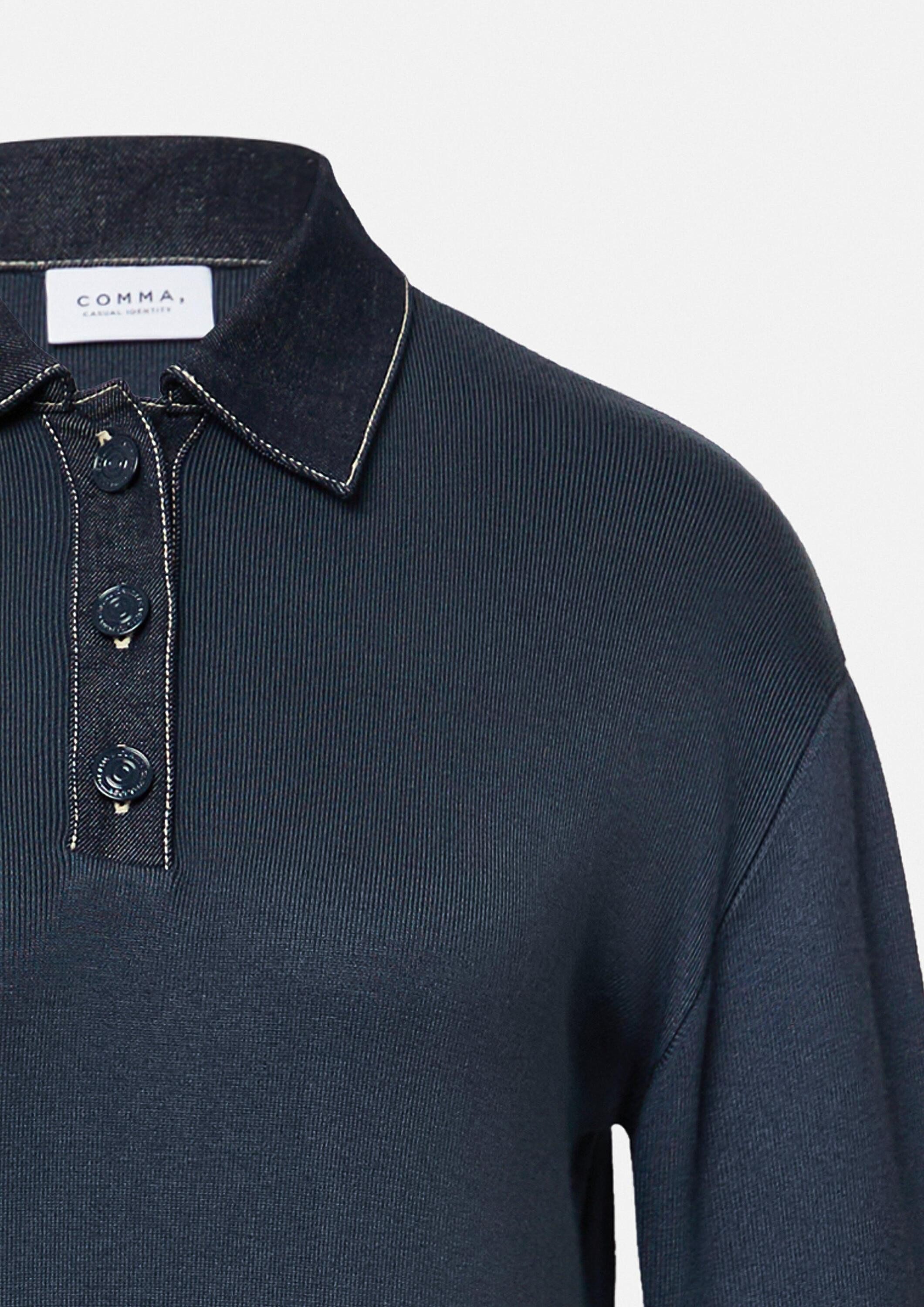 comma Midikleid Kleid Strickkleid mit Denim-Polokragen und überschnittenen Schultern