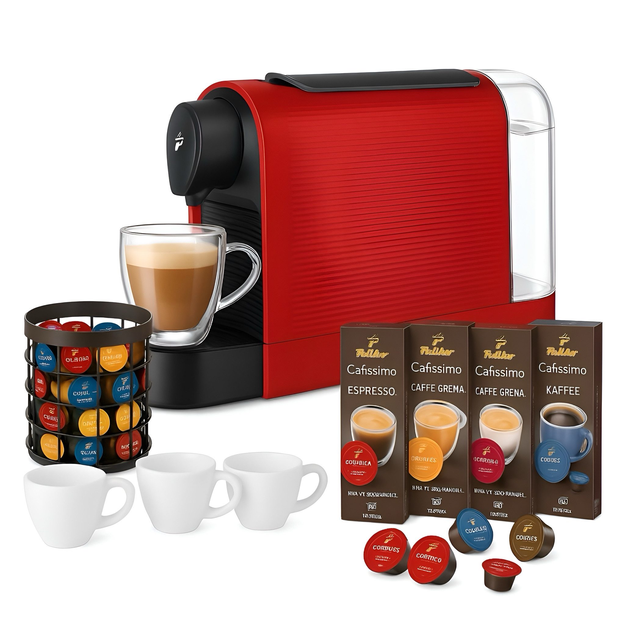 Tchibo Kapselmaschine Cafissimo Pure Plus, mit 50 Kaffeekapseln, Aufbewahrungskorb und 3 Espresso-Gläsern im Set Für perfekten Espresso, Caffè Crema und Kaffee auf Knopfdruck, Zertifizierter nachhaltiger Kaffee aus recyclebaren Kapseln