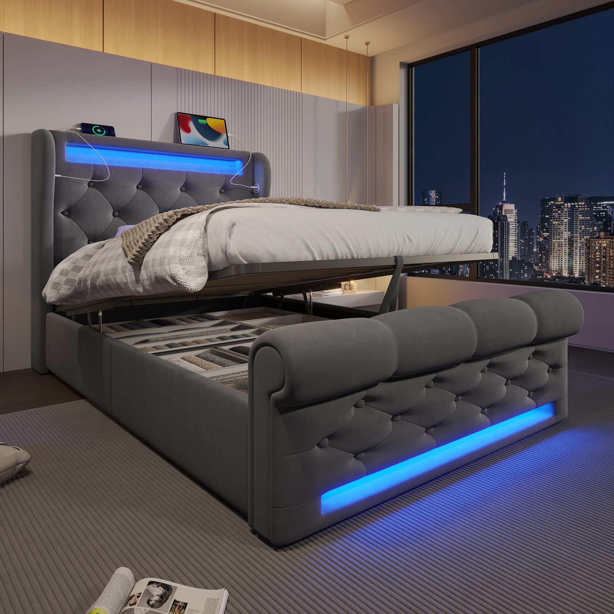 i@home Polsterbett mit Stauraum, LED & USB, Matratzenoption, Grau/Beige (Wahlweise mit Matratze), 90/140/160cm, viel Stauraum, modernes Design