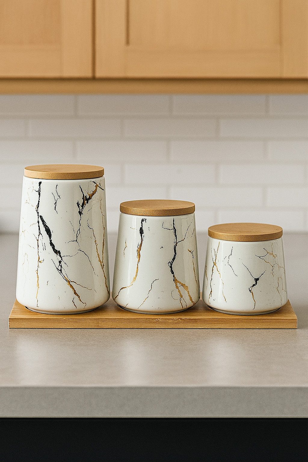 Bricard Gewürzbehälter Set Aufbebahrungsbox Set Marmor Optik, (4 tlg), inkl. Bambustablett