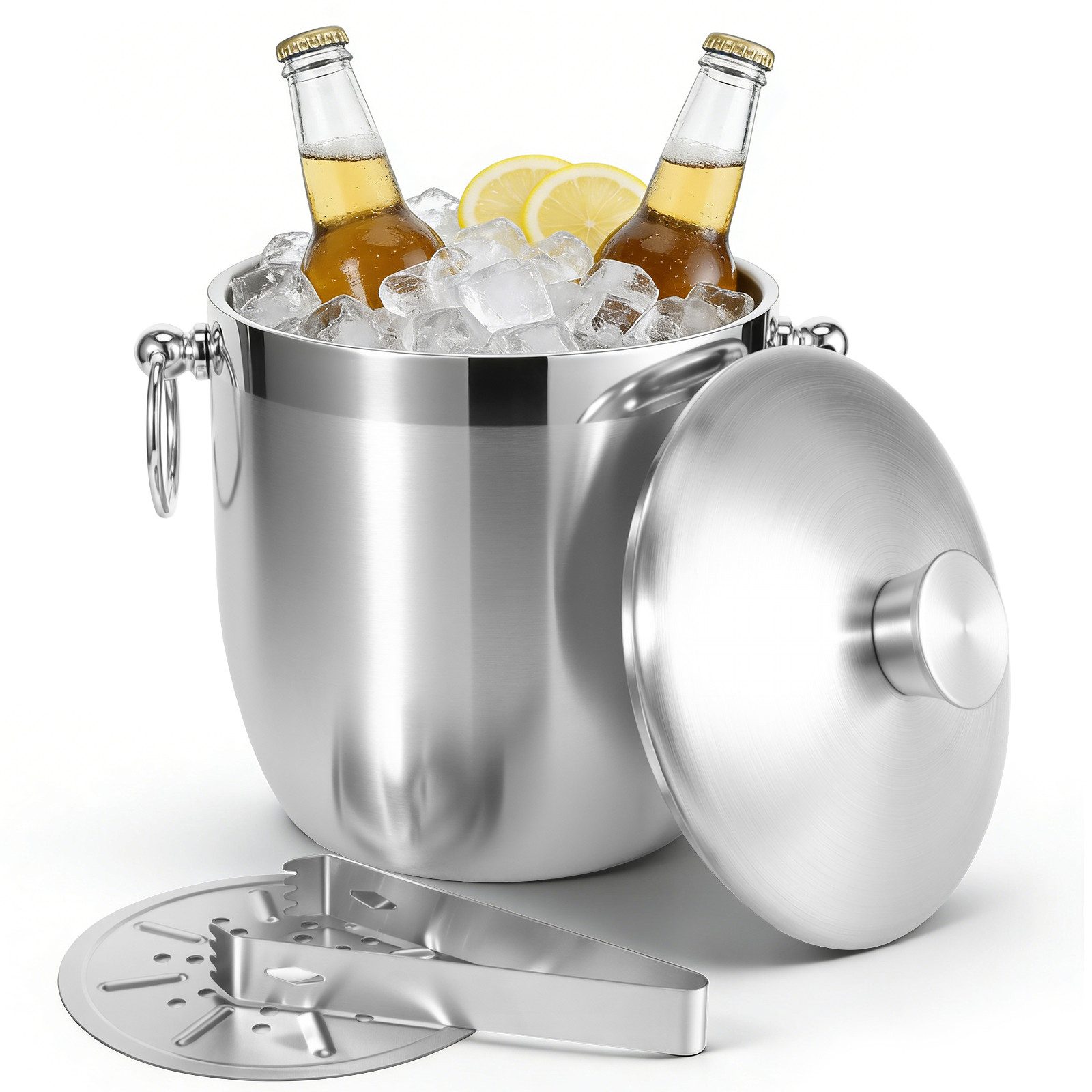 BlingBin Eiseimer 3L Eiskübel mit Deckel, Zange & Sieb, Doppelwand Eiswürfel Behälter, Eiswürfelbehälter Edelstahl für Kühlen von Bier Champagner Wein