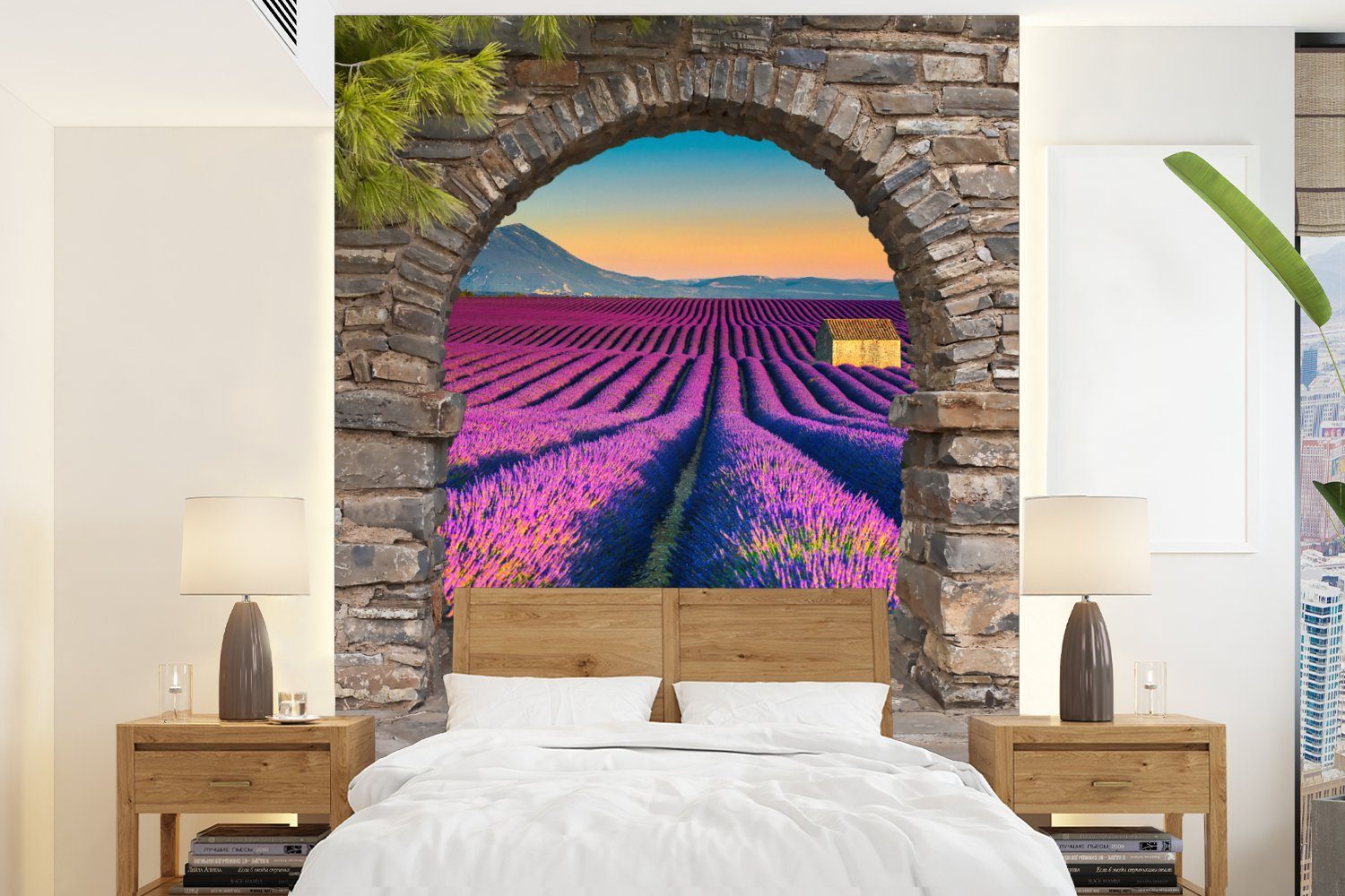 MuchoWow Fototapete Lavendel - Abend - Ausblick - Blumen, Matt, bedruckt, (4 St), Montagefertig Vinyl Tapete für Wohnzimmer, Wandtapete