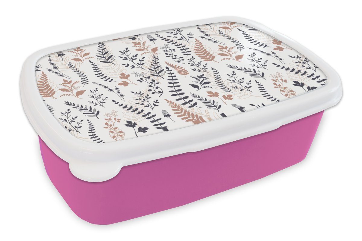 MuchoWow Lunchbox Blätter - Blumen - Design, Kunststoff, (2-tlg), Brotbox für Erwachsene, Brotdose Kinder, Snackbox, Mädchen, Kunststoff rosa