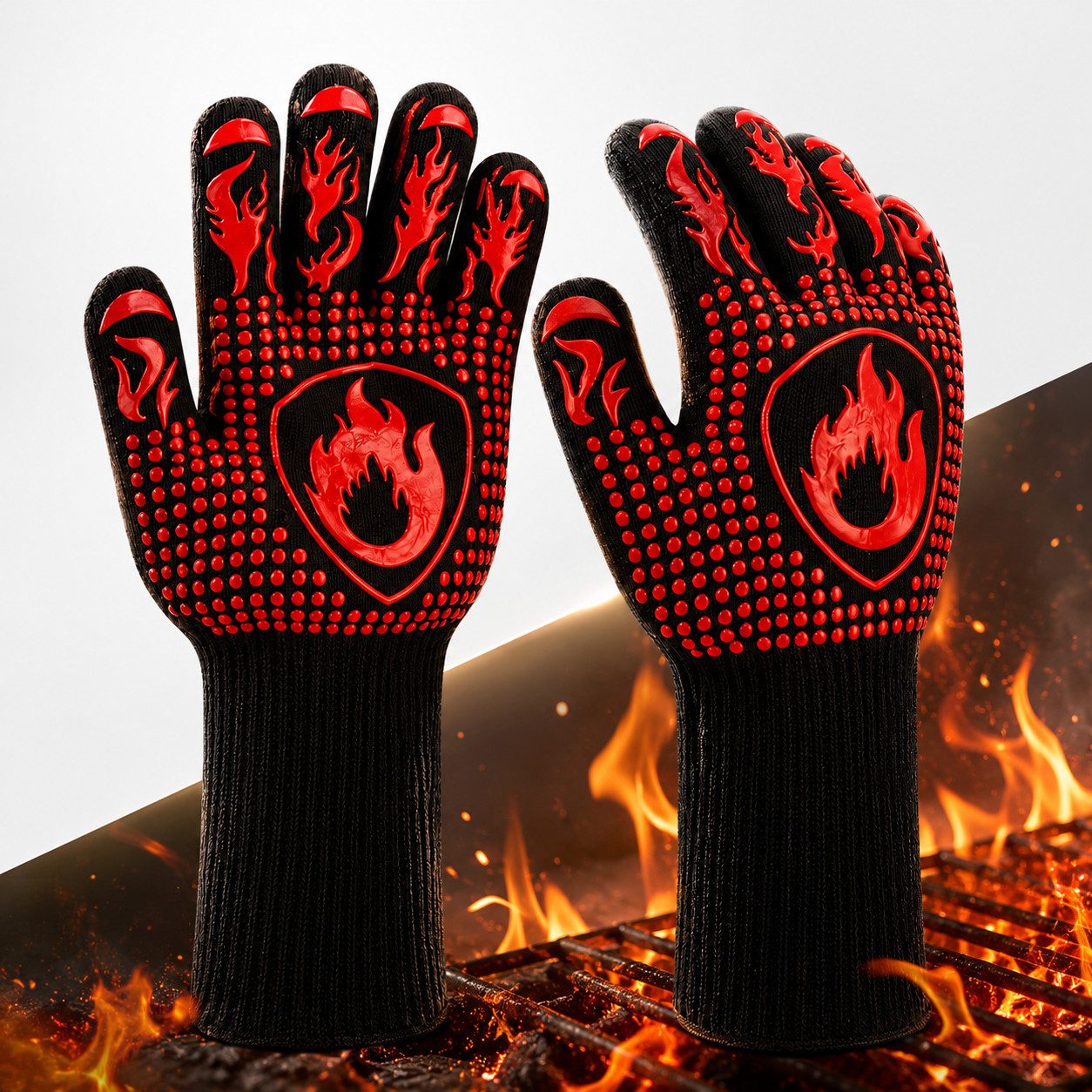 ibettertec Grillhandschuhe Hitzebeständige Handschuhe zum Grillen, Kochen und Backen, (Hitzebeständige Grill- & Ofenhandschuhe für Küche, Backen, BBQ – Schutz vor Verbrennungen und heiße Töpfe sicher greifen)