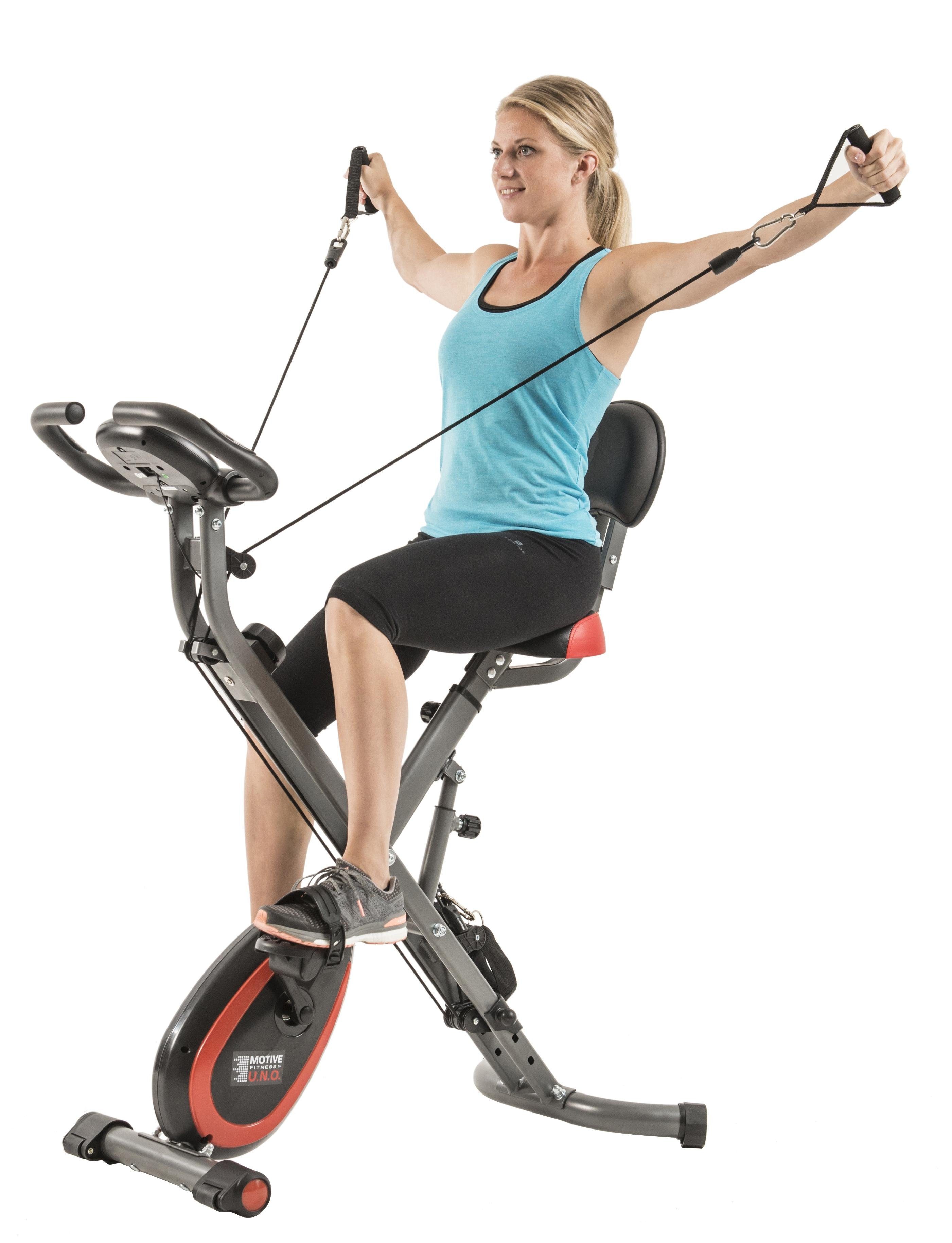 MOTIVE FITNESS by U.N.O. Heimtrainer Multi-Function X-BIKE (mit/ohne Unterlegmatte) (inkl. Seilzug für Arme und Beine), 120 kg max. Benutzergewicht, klappbar, Fahrrad, 8 Widerstandsstufen