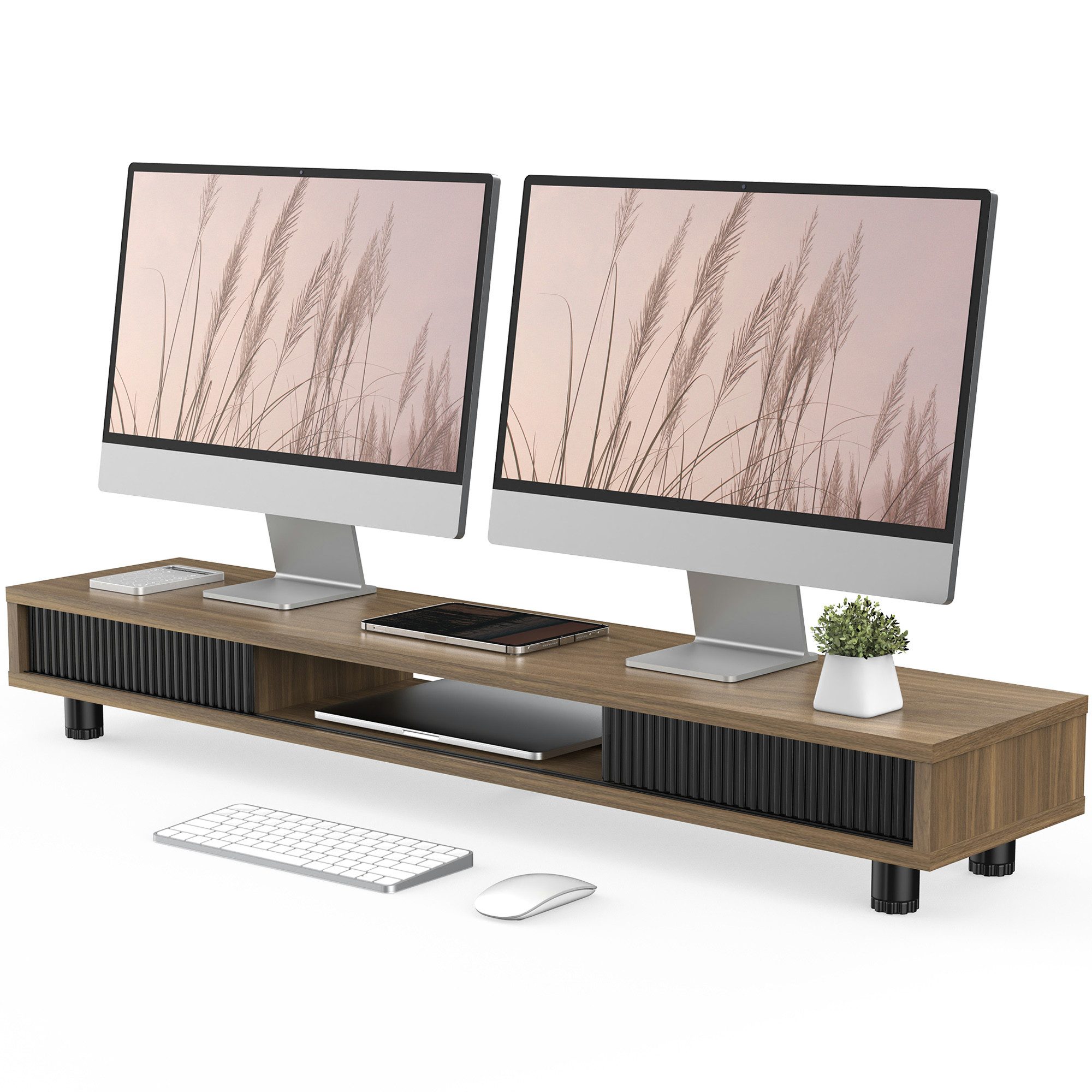 Fenge Monitorständer 108 cm breit, höhenverstellbar, mit 2 Glas-Schiebetüren, (für 2 Monitore, Eisenbeine mit rutschfesten Fußmatten)