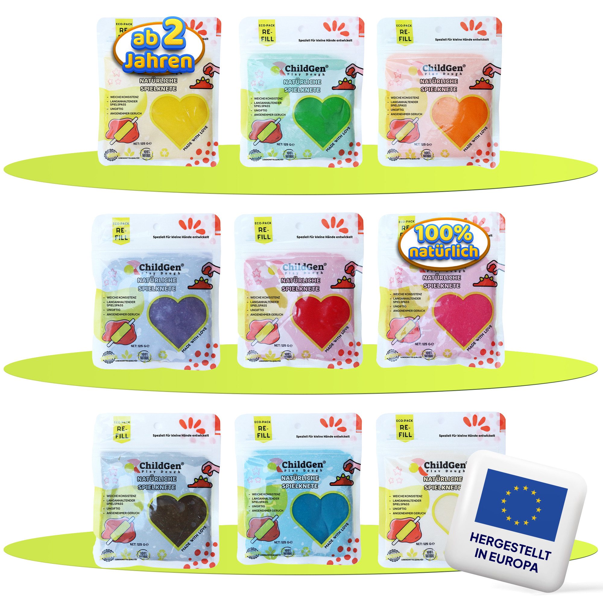 ChildGen Knete Knete Play Dough 100% natürliche Inhaltsstoffe, ungiftig (Nachfüllpackung, Kinderknete, Knete ab 2 Jahre, 9-tlg., Knetezubehör, Knetset, Knete -Set, Spielknete), Kinderknete, Knete ab 2 Jahre
