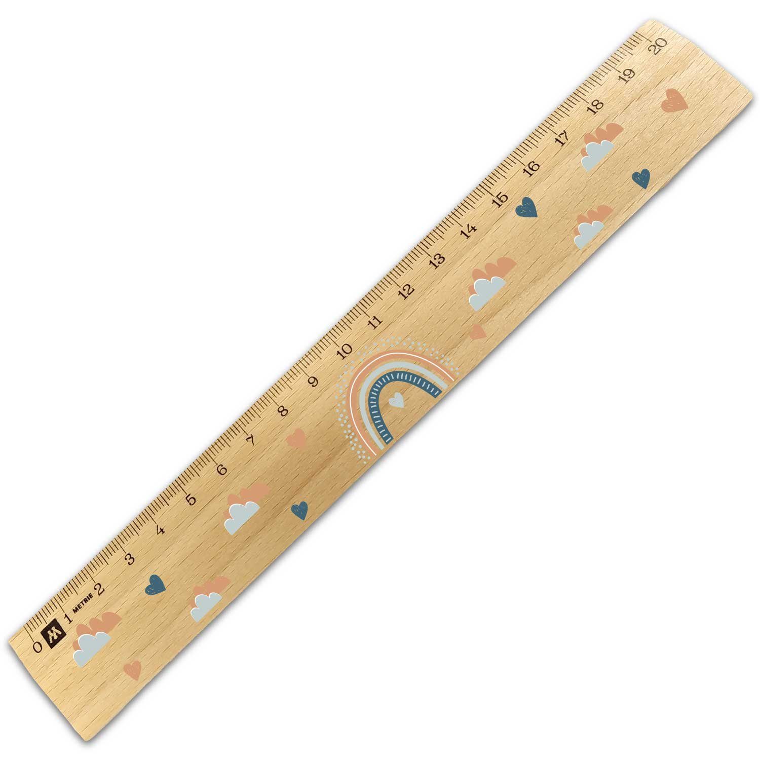 GRAVURZEILE Lineal zur Einschulung im Regenbogen Design - 20 cm Holz Lineal, Geschenk für den Schulanfang für Jungen und Mädchen