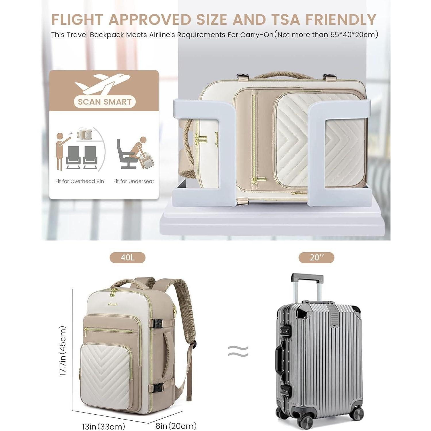 LuxusKollektion Reiserucksack Handgepäck Rucksack 40L Damen Laptop Reiserucksack 17 Zoll Beige Khaki