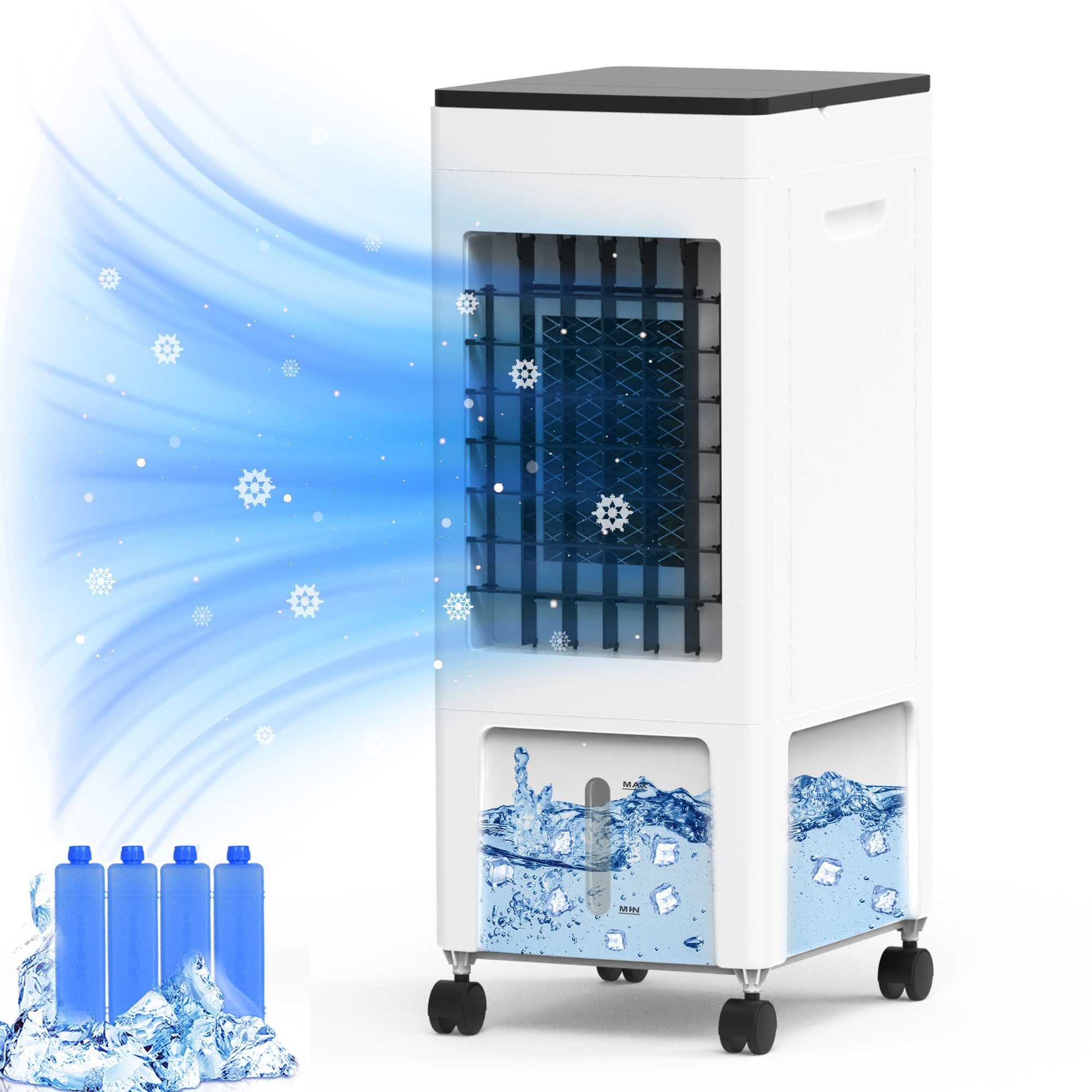 Rebonique Standventilator 3 in 1 Luftkühler Luftbefeuchter Ventilator Leise 8H Timer 3 Geschw., 70° Oszillation 8L Wassertank Fernbedienung 8H Timer