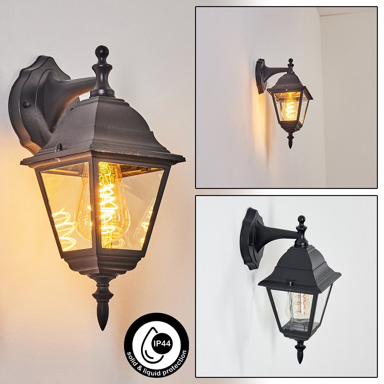 Außenleuchte Leuchtmittel, Wandlampe hofstein Look Terrasse, Metall/Glas ohne aus antikem in Landhaus-Stil, E27, klassischen abwärts in Außen-Wandleuchte IP44 im Schwarz/Klar, für