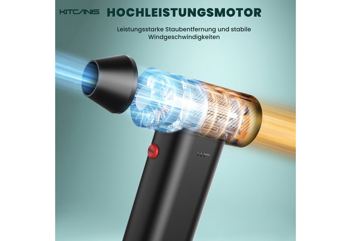 Kitcanis Akku-Handstaubsauger Elektrische Staubgebläse, 160 W, beutellos, 150000 U/min Turbo 3-Gang, Super Power Cordless Compressed Air Duster