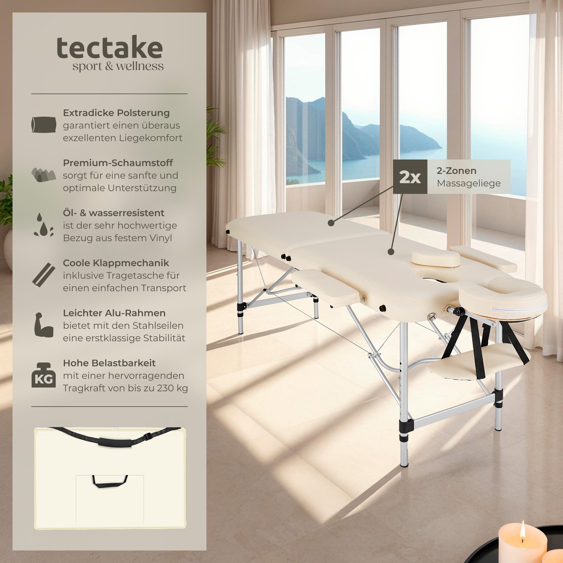 tectake Massageliege Mobiler Massagetisch klappbar mit Aluminiumgestell und Polsterung (Set, 1-St., mit Tragetasche), Inkl. Zubehör: Tragetasche, Kopfstütze, Armablagen