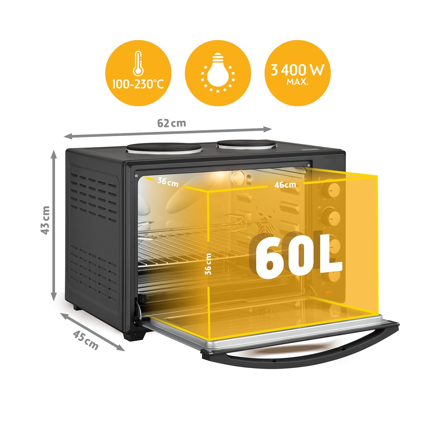 TZS FIRST AUSTRIA Minibackofen mit Kochplatten 60L 3400W, stufenlose Temperaturregelung bis 230°C, max 230°C, Backblech, Drehspieß, Grillrost, Innenbeleuchtung