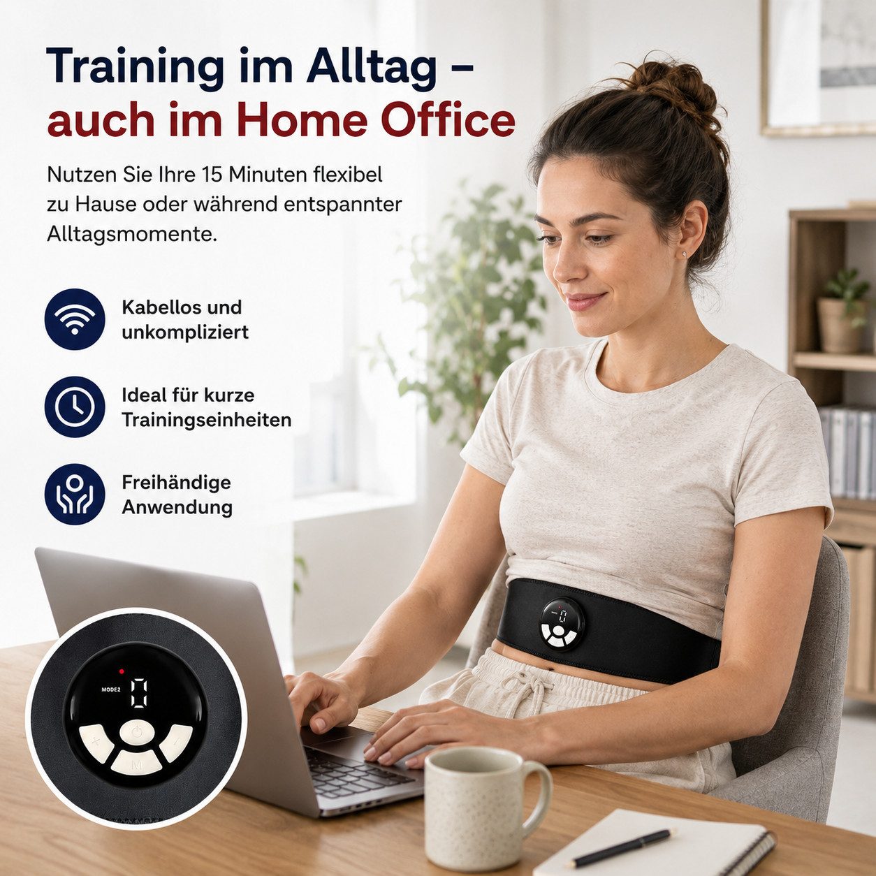 Tekoo EMS-Bauchmuskeltrainer mit Wärmefunktion, EMS Fitnessgürtel mit Heizung, Akku Bauchtrainer, (Bauchtrainer-Set, 3-teiliges Set), EMS mit 3-Stufen Wärmefunktion, Nutzung ohne Gel-Pads möglich