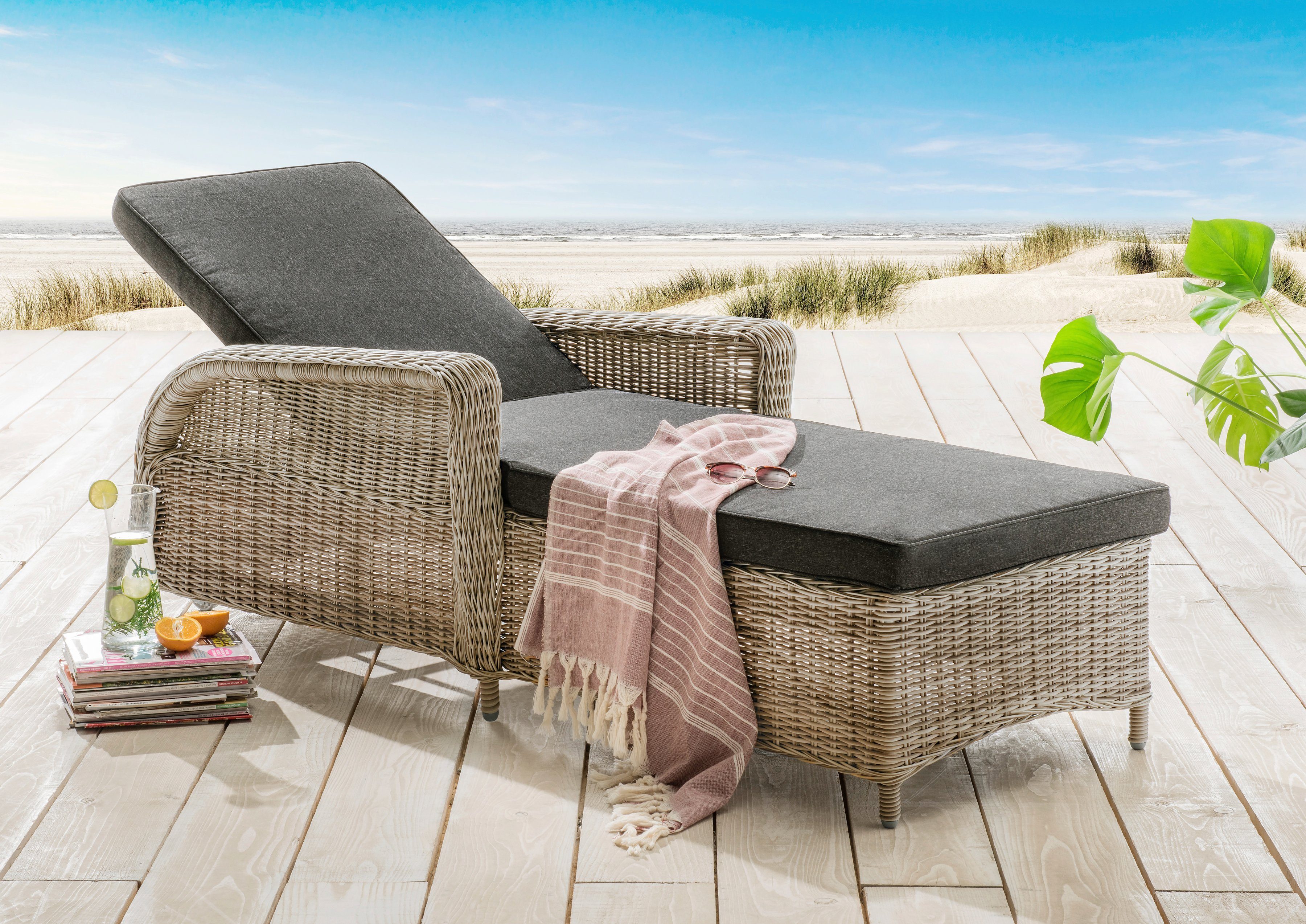 Destiny Gartenliege CASA, Aluminium, Polyrattan, m. Rollen und Auflage, 202x83x58cm, verstellbar