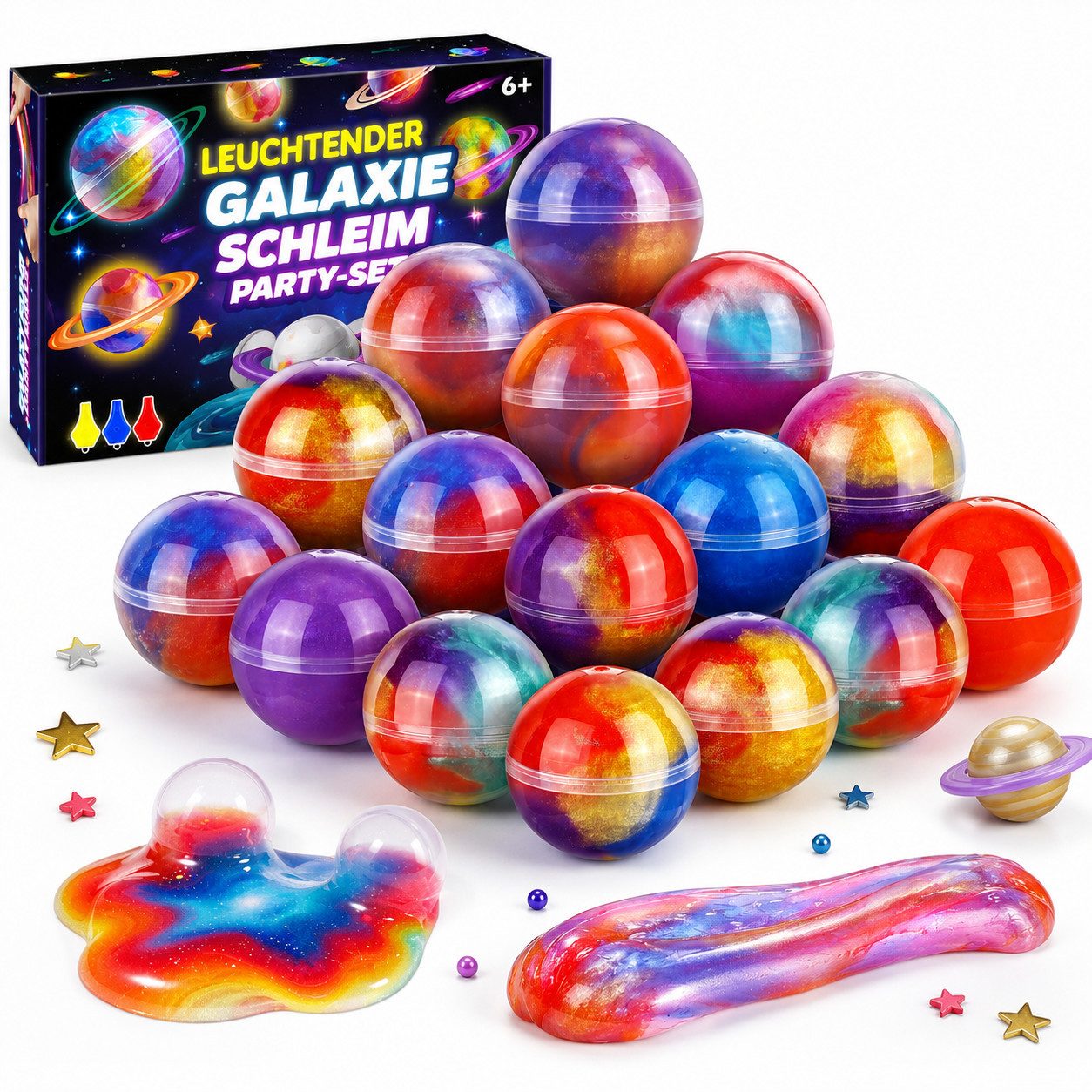 Wootoy Kreativset Knete Galaxy Slime 24er Set Bunte Slime-Bälle Leuchtende Knetspielzeug, (in 6 attraktiven Farbkombinationen, 24-tlg., Geschmeidige formbare Textur mit angenehmer Handhabung), ideal zum Kneten Formen und kreativen Spielen