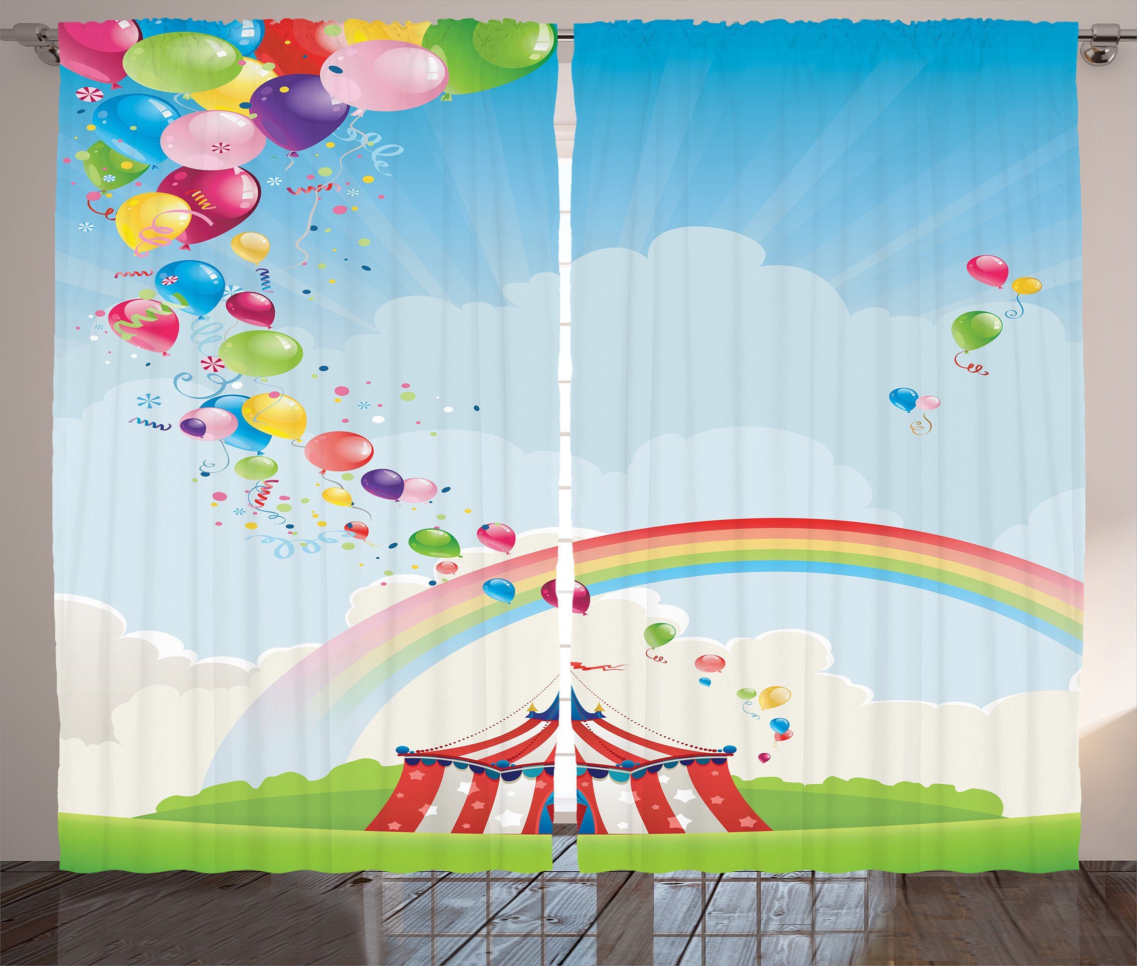 Bunt Kräuselband Gardine Wolken Abakuhaus, Vorhang Haken, Schlaufen mit und Regenbogen Circus Schlafzimmer