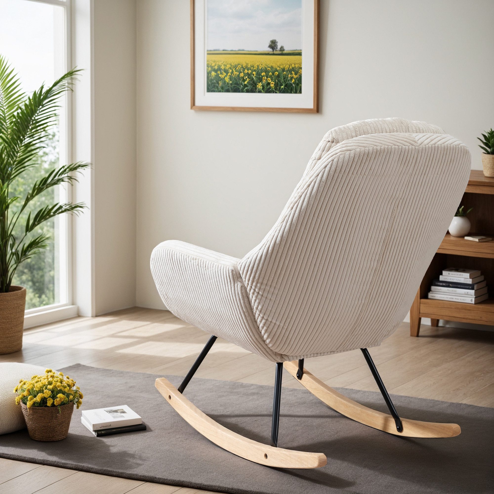 MODFU Schaukelstuhl im Bauhaus-Stil, mit Metallrahmen und Holzelementen (Wohnzimmersessel, Relaxsessel, Lehnstuhl, 1 St), ergonomischer Komfort, breitem Sitzpflegeleicht, einfach zu montieren