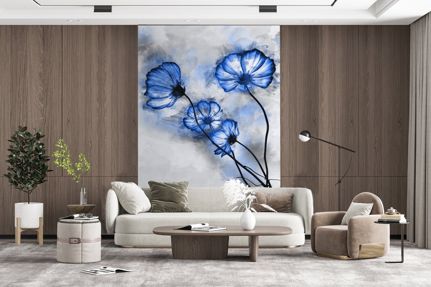 MuchoWow Fototapete Blumen für - Montagefertig Wohnzimmer, Blau, Aquarell Wandtapete bedruckt, Tapete Matt, Vinyl - St), (3