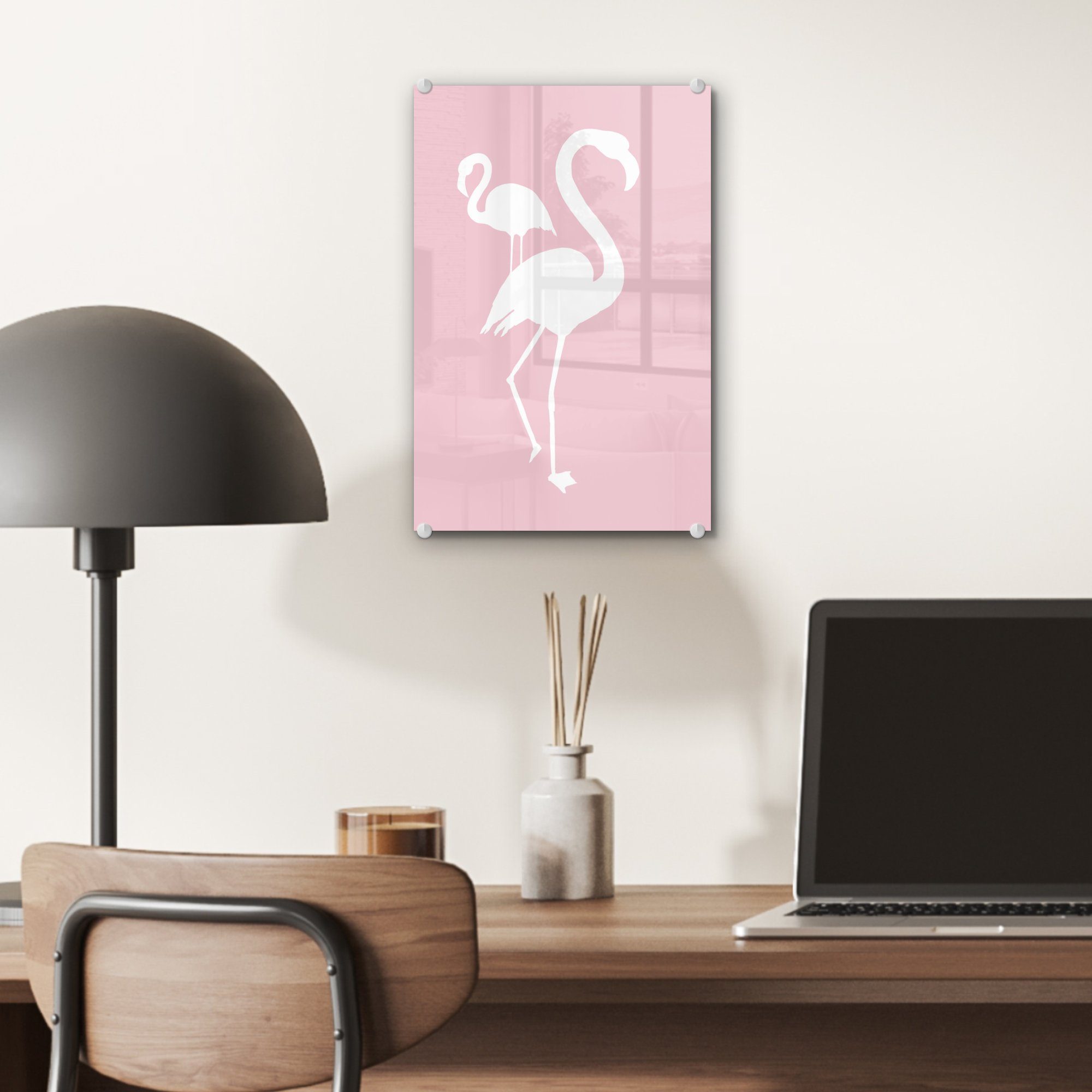 MuchoWow Acrylglasbild Rosa Foto - - (1 - auf auf Bilder Wanddekoration Glasbilder Flamingo, - - Glas Wandbild Glas bunt Weiß St)