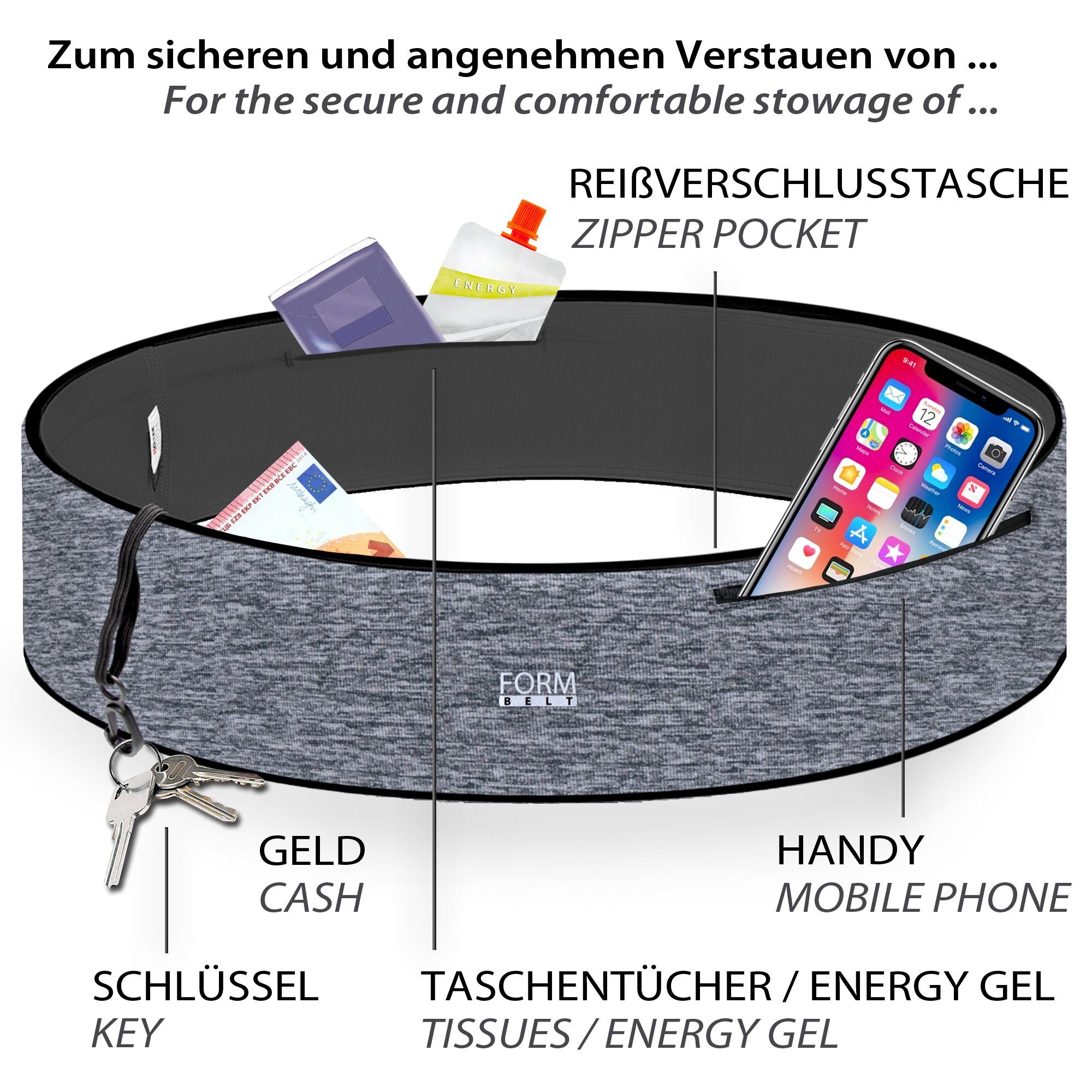 Formbelt Laufgürtel Sport-Bauchtasche mit Reißverschluss Laufgürtel für Handy Lauftasche Bauchtasche, Reißverschluss, Laufgürtel für Handy, Lauftasche