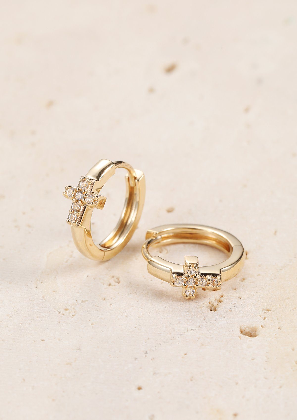 Dear Me Klappcreolen Gold 585 Damen Kreuz, Ø9mm Paar Ohrringe Gold, 14 Karat Gelbgold Creolen Kristall klein, Echtgold Schmuck