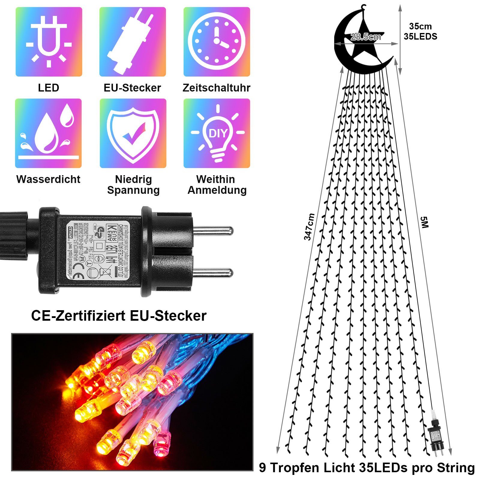 Mehrfarbig 8 LED Star, Timer Topper 350-flammig, Sunicol Modi, Wasserfall Weihnachtsbaum Lichterkette, LED-Lichterkette