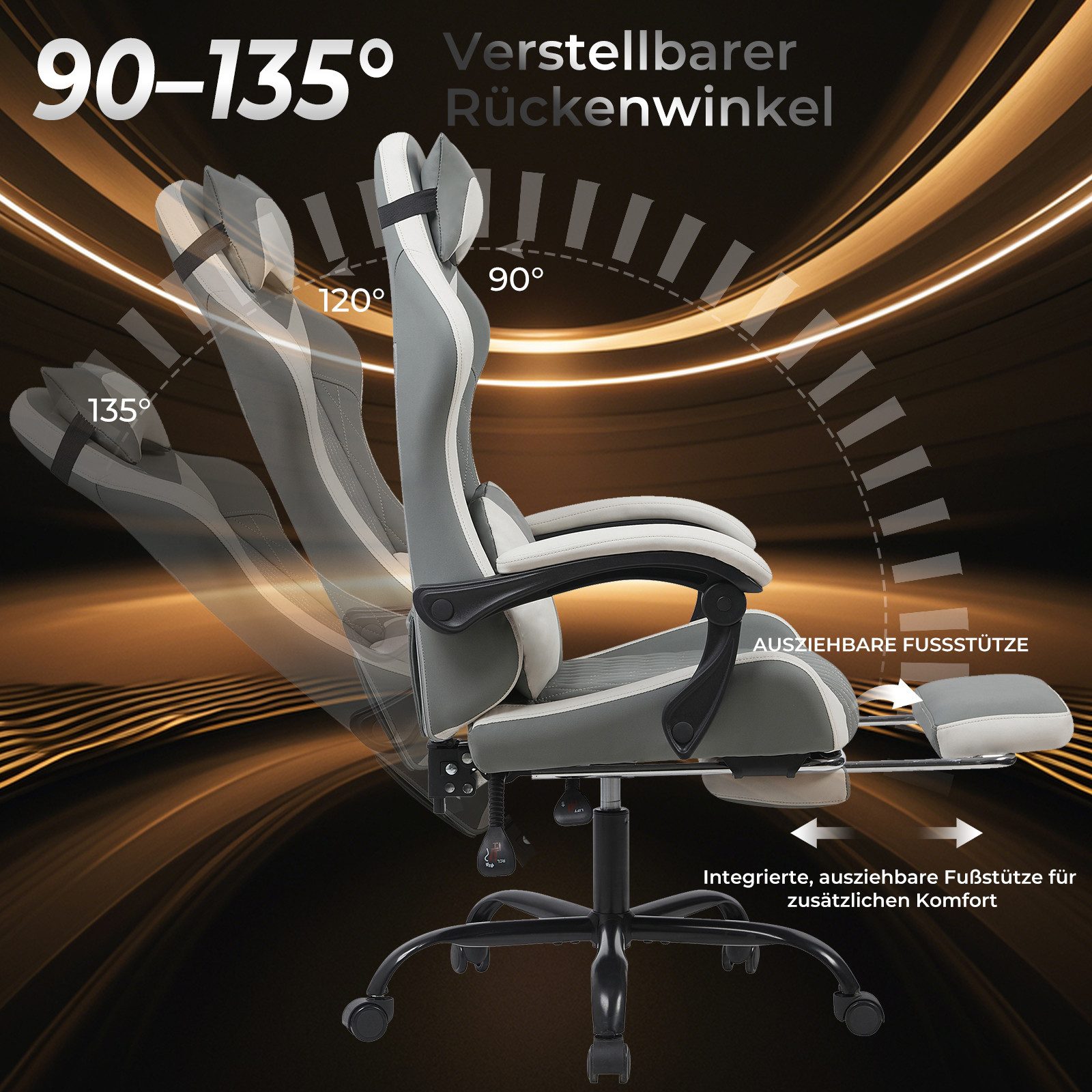 GLP Gaming-Stuhl mit Fußstütze, Bürostuhl höhenverstellbar, Gaming Chair (Gaming Stuhl mit verstellbaren Lendenkissen, Armlehne und Kopfstütze, Gamer Stuhl Bequeme Sitzkissen), gepolsterter Gaming-Stuhl, bis 136 kg Belastbarkeit