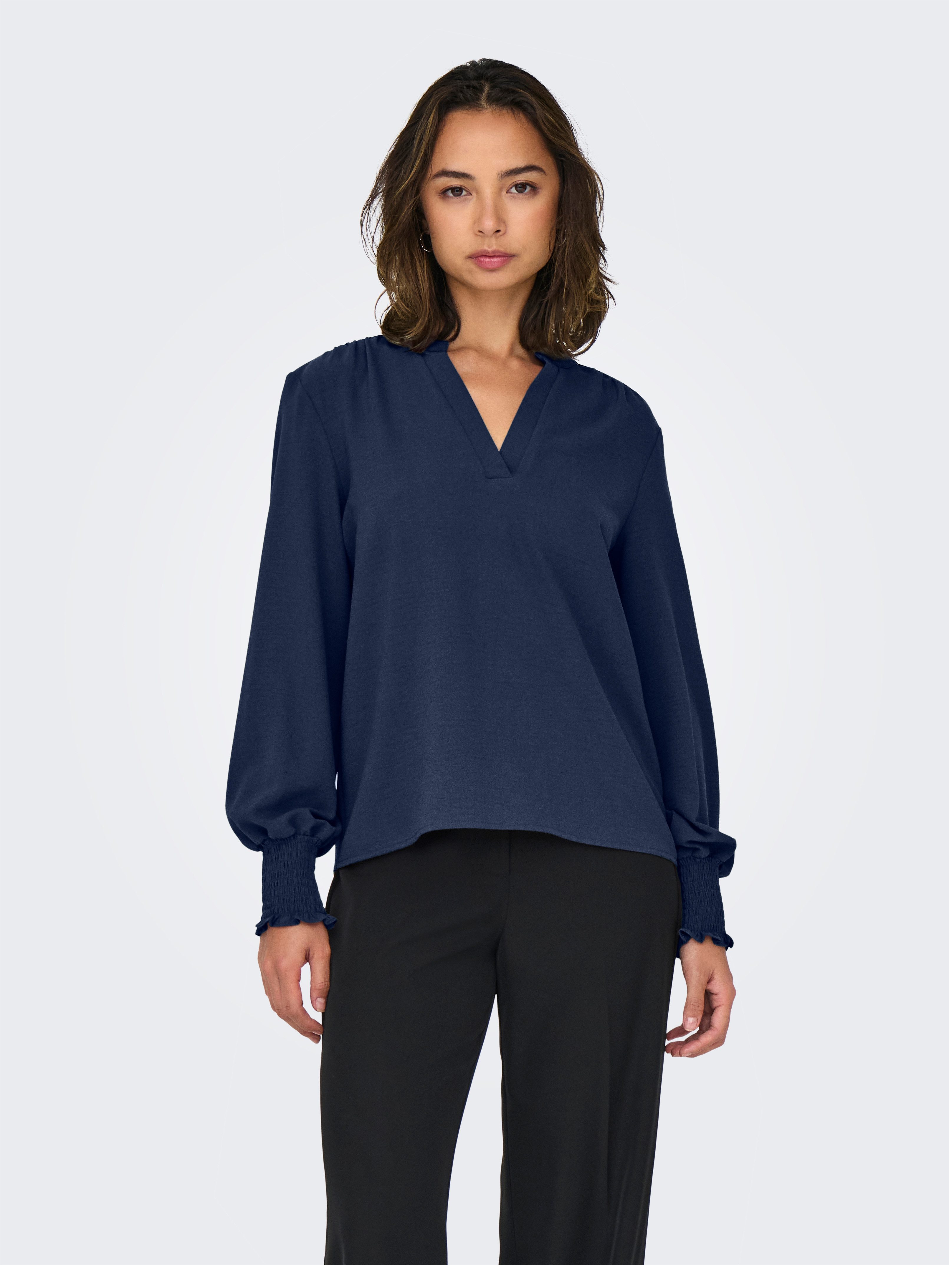 ONLY Blusenshirt ONLMETTE V-NECK LS SMOCK TOP NOOS WVN Kunstfaser, regular fit