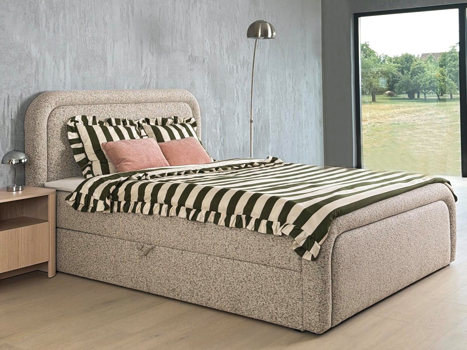 Compleo Boxspringbett Doppelbett mit abgerundetem Kopfteil & hoher Schlafkomfort (von 120 bis 200x200 cm) TOPSELLER, Modernes Schlafbett), Stauraumbett mit Webstoffbezug, Bonellfederkernmatratze