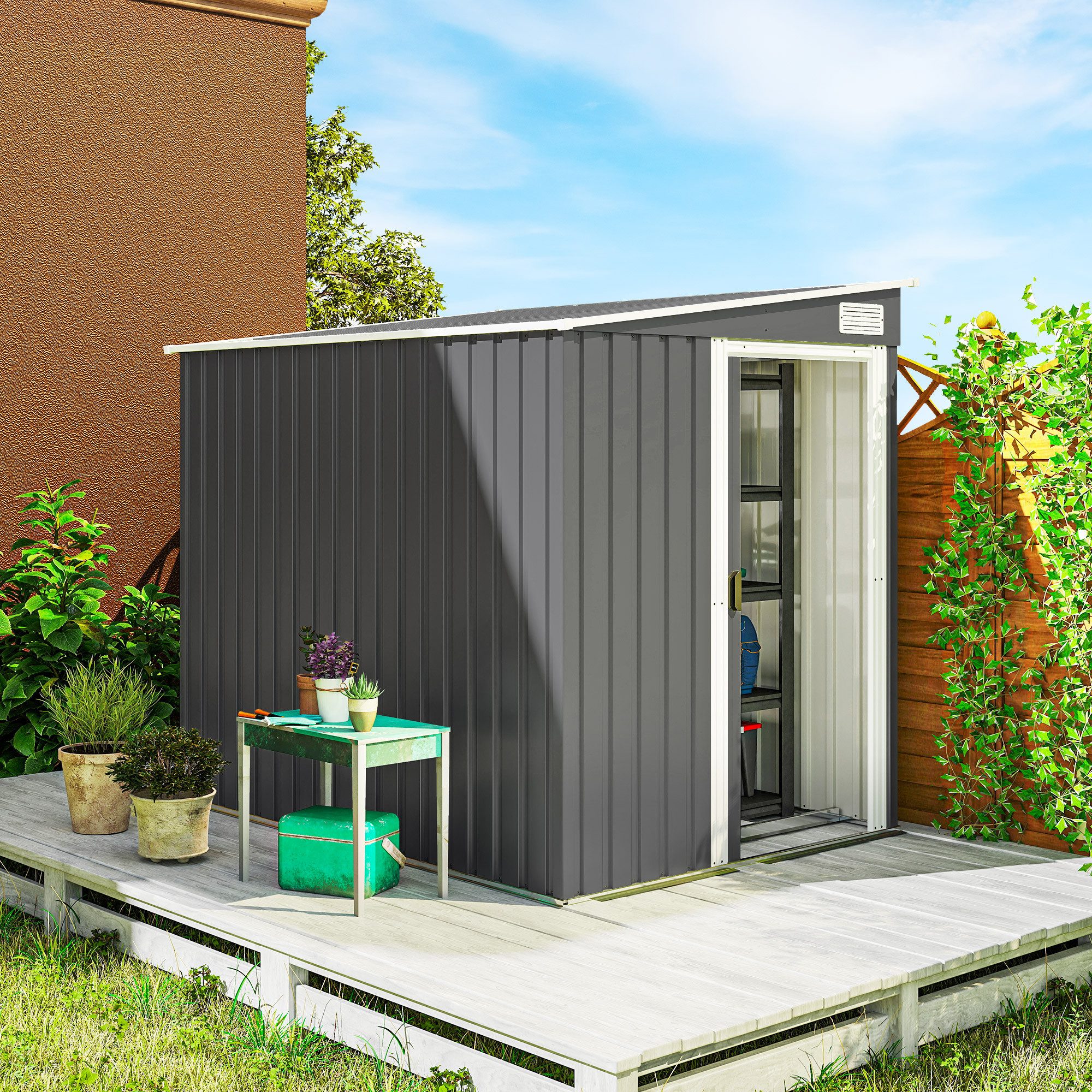 Outsunny Gerätehaus Gartenschuppen aus Metall, BxT: 154x206.5 cm, (Geräteschuppen, 1 St., Gartenhaus), Schiebetür, Belüftung, Stahl, Regale, Dunkelgrau
