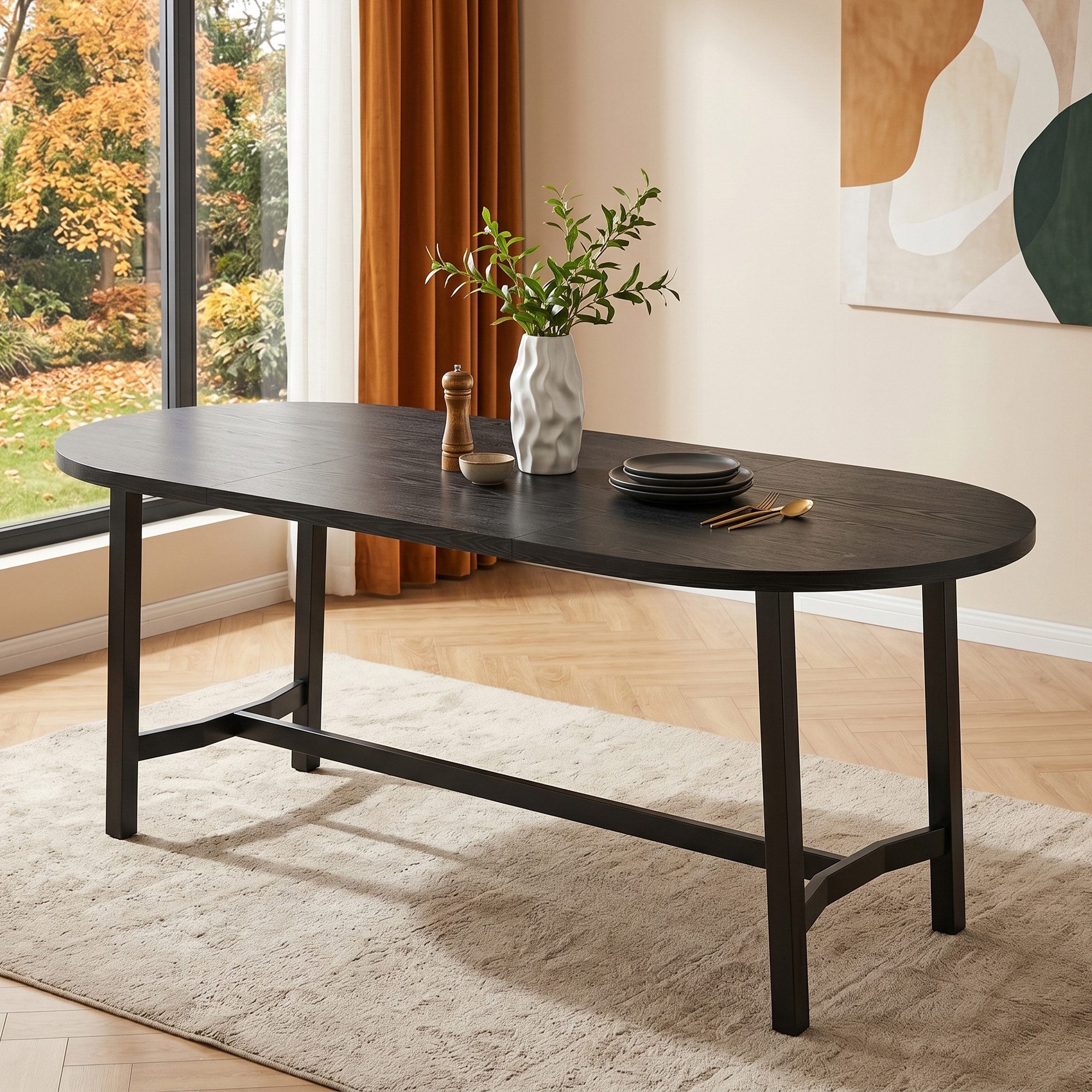 Flieks Esstisch (180x80x75 cm, 1-St., 1 Tisch), ovaler Küchentisch Arbeitstisch Holzoptik Schwarz, Eisenbeine