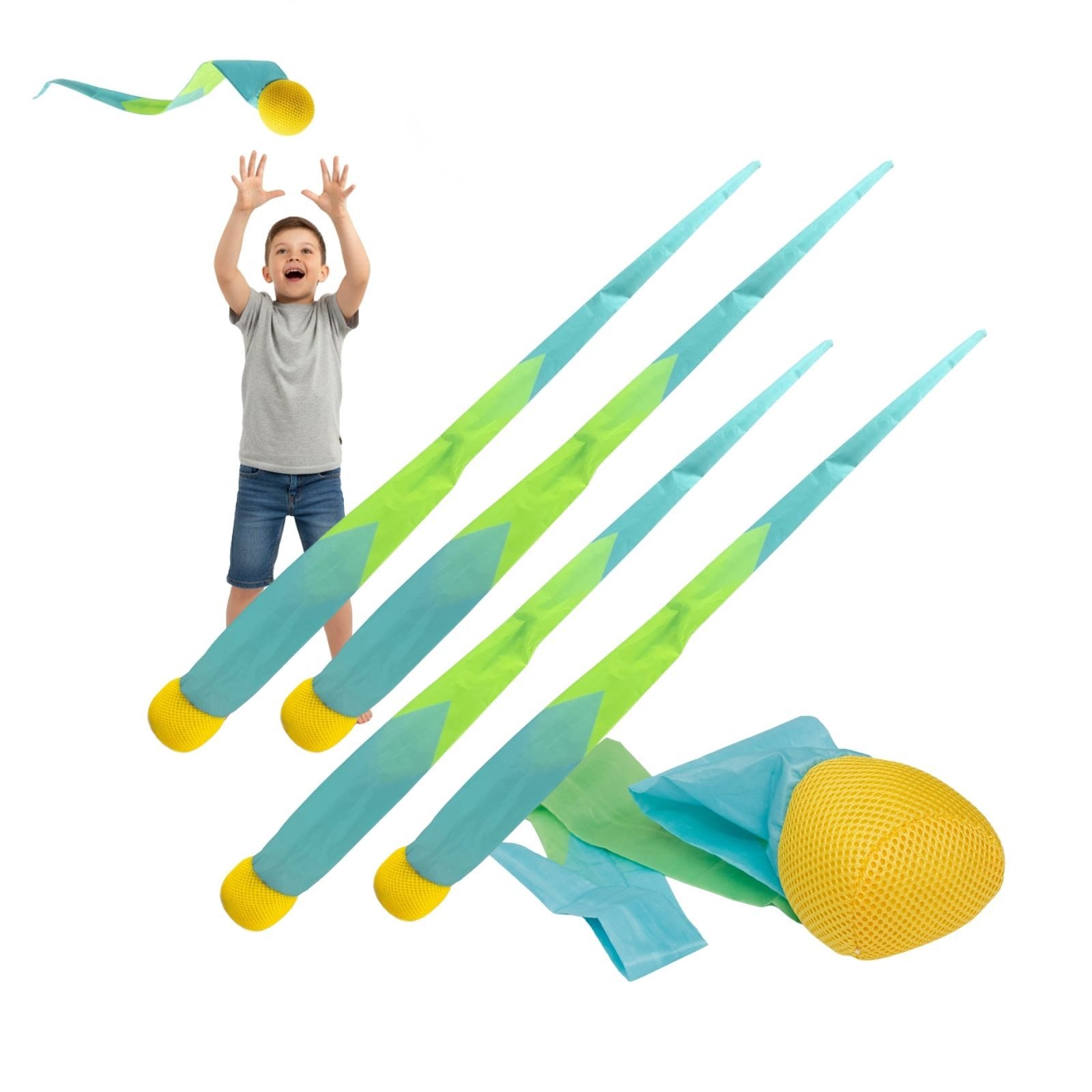 alldoro Schleuderball 4er Set Schweifbälle, Kometenbälle mit weichem Kopf und 95 cm Schweif, Wurfspiel für Kinder ab 3, indoor & outdoor, als Wasserbombe nutzbar