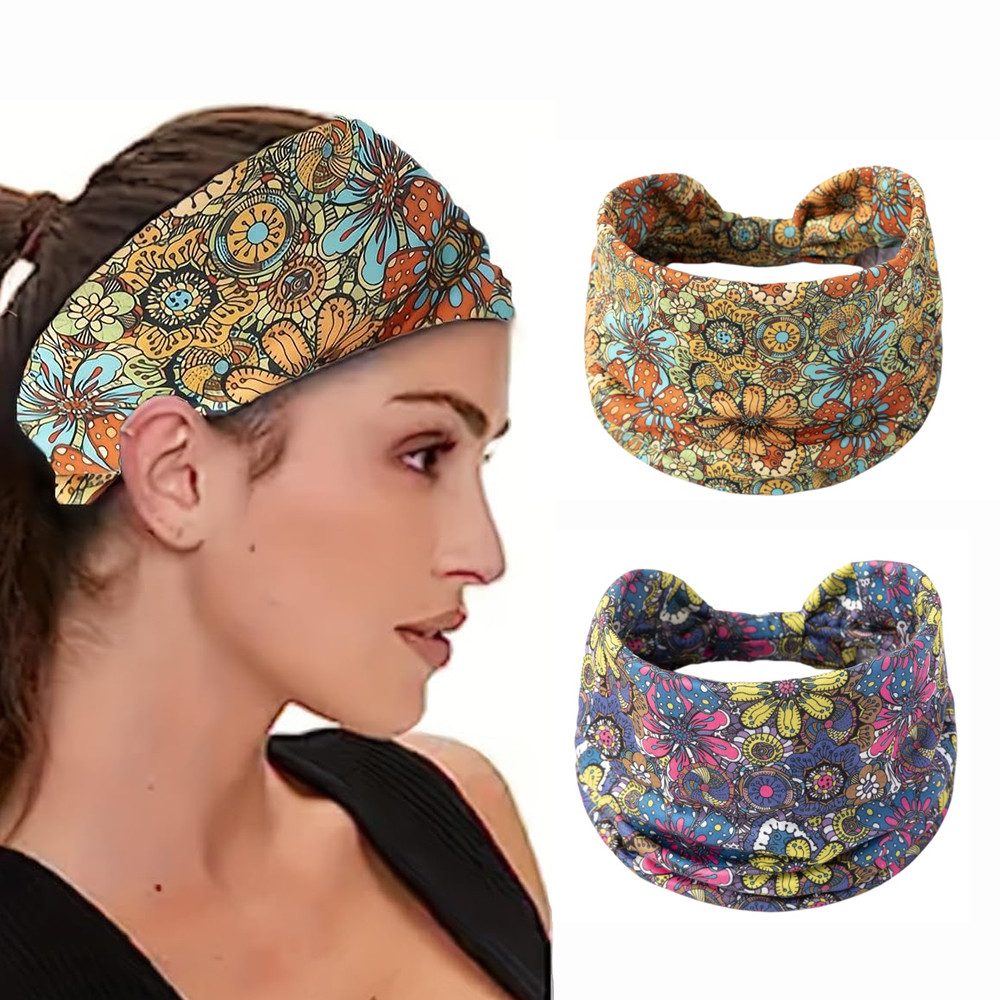 Zaewry Haarband Damen Stirnband Extra Breit Haarbänder Dünn, Elastische Kopftuch Weiche Boho Mehrfarbig Headband, 2-tlg., für Yoga, Kosmetik, Sport & Haarschmuck Sommer
