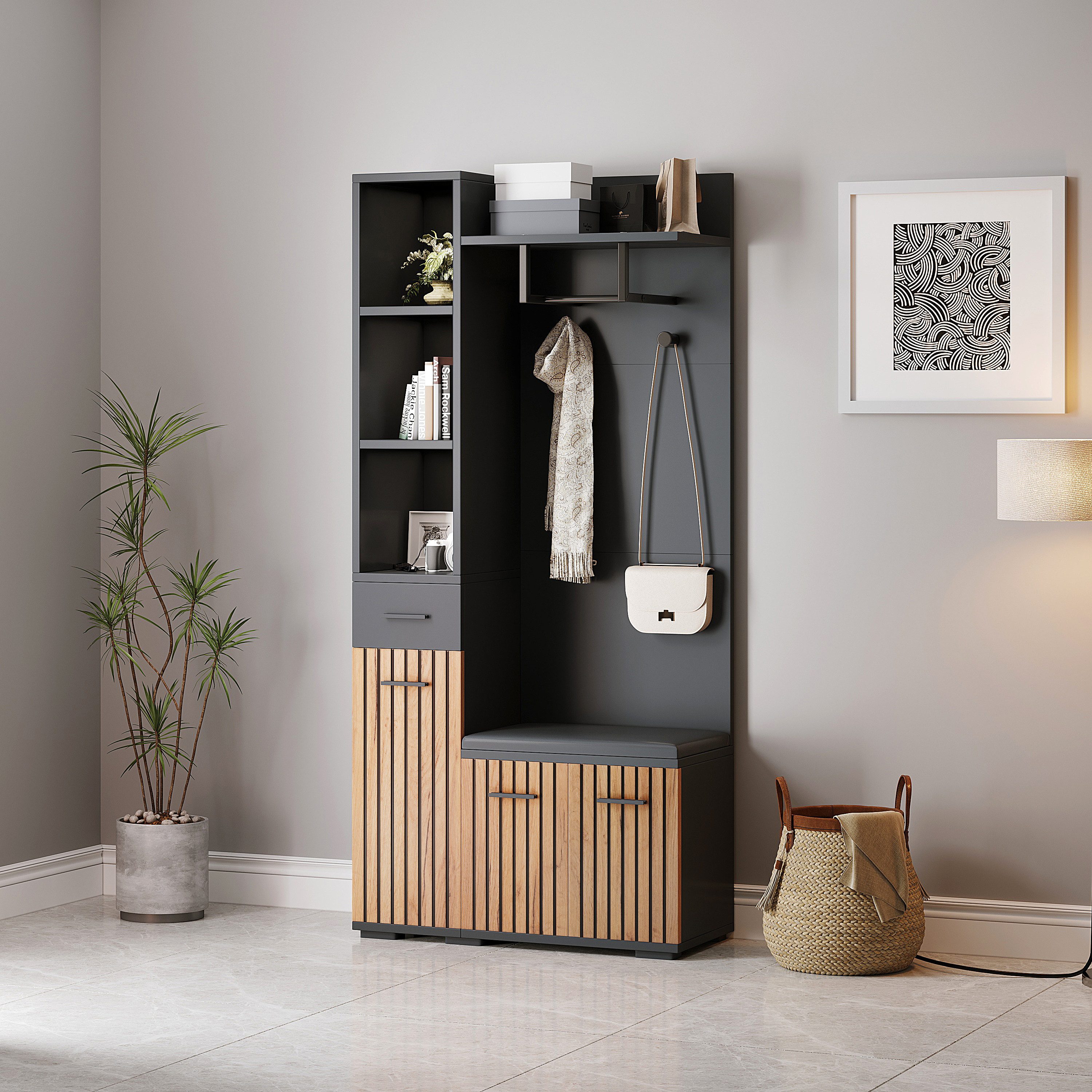 Merax Garderoben-Set 7-in-1 Kompaktgarderobe Flurmöbel in Schwarz-Holz, (Garderobenkombination Möbelset, 1-St., 80x35x175 cm), Sitzbank Schränken Schublade Ablagefächer Kleiderhaken Wäscheständer