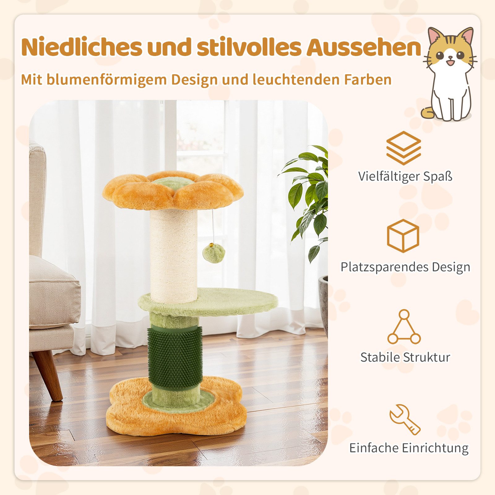 COSTWAY Kratzbaum, Katzenbaum, Kletterbaum mit Selbstpflegebürste & Ball