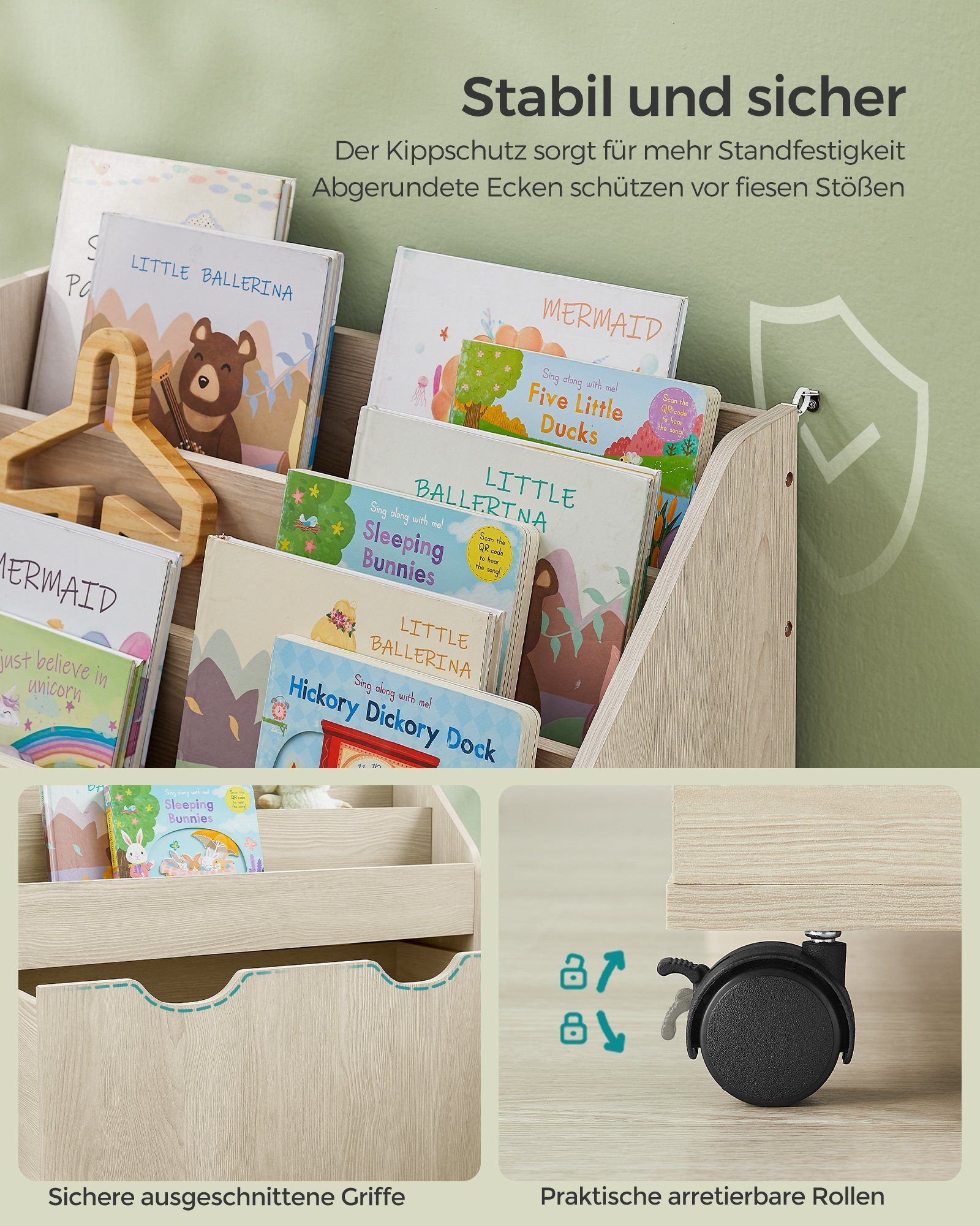 SONGMICS Spielzeugtruhe Bücherregal für Kinder, Kinderregal, mit Kippschutz, auf Rollen, 70cm Höhe
