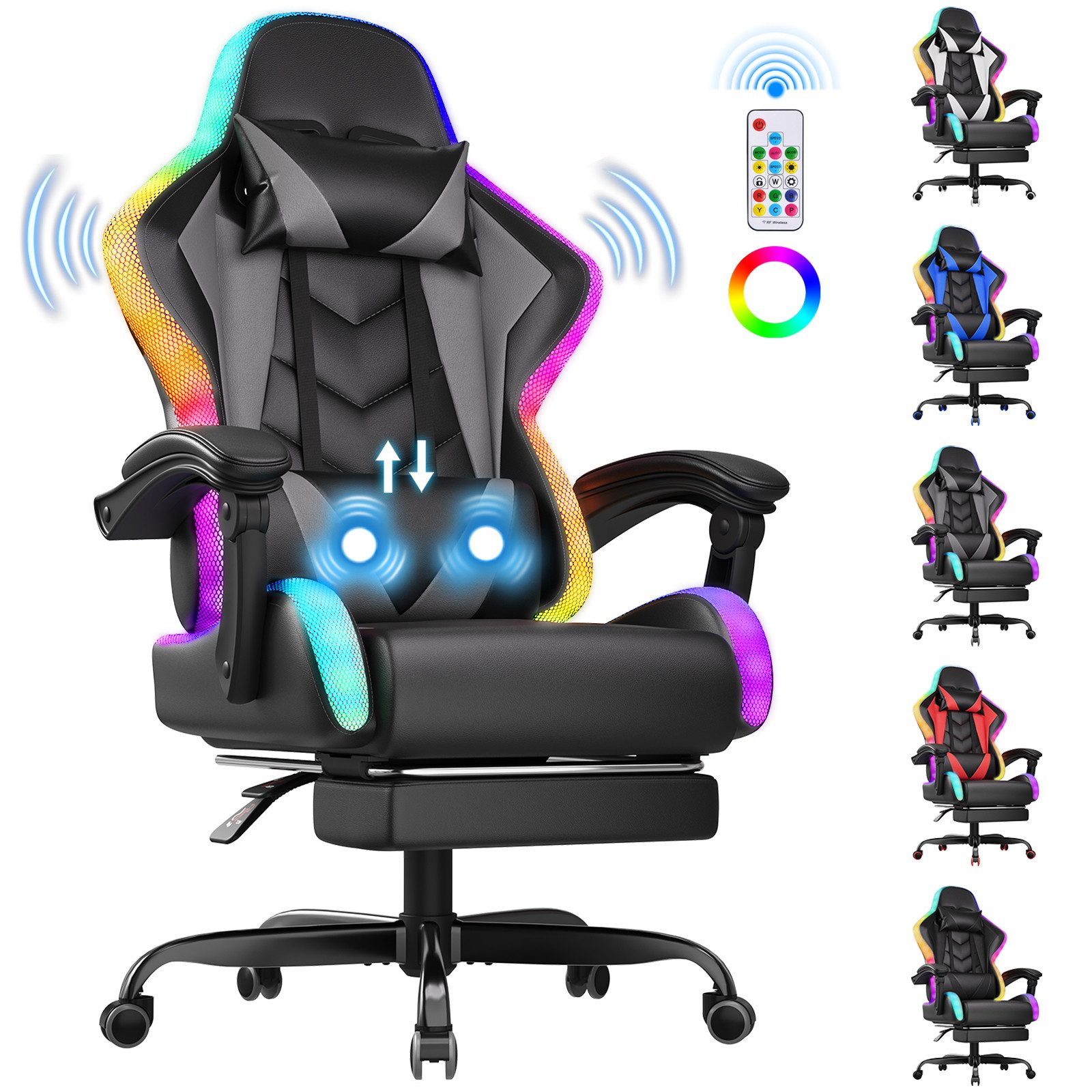 HOMALL Gaming-Stuhl mit LED,Ergonomisch,Fußstütze,computerstuhl,gaming stuhl mit massage (Die LED-Beleuchtung ist einstellbar, das Massagekissen für den Rücken ist beweglich), Ergonomischer Bürostuhl,Kopfstütze und Lendenstütze