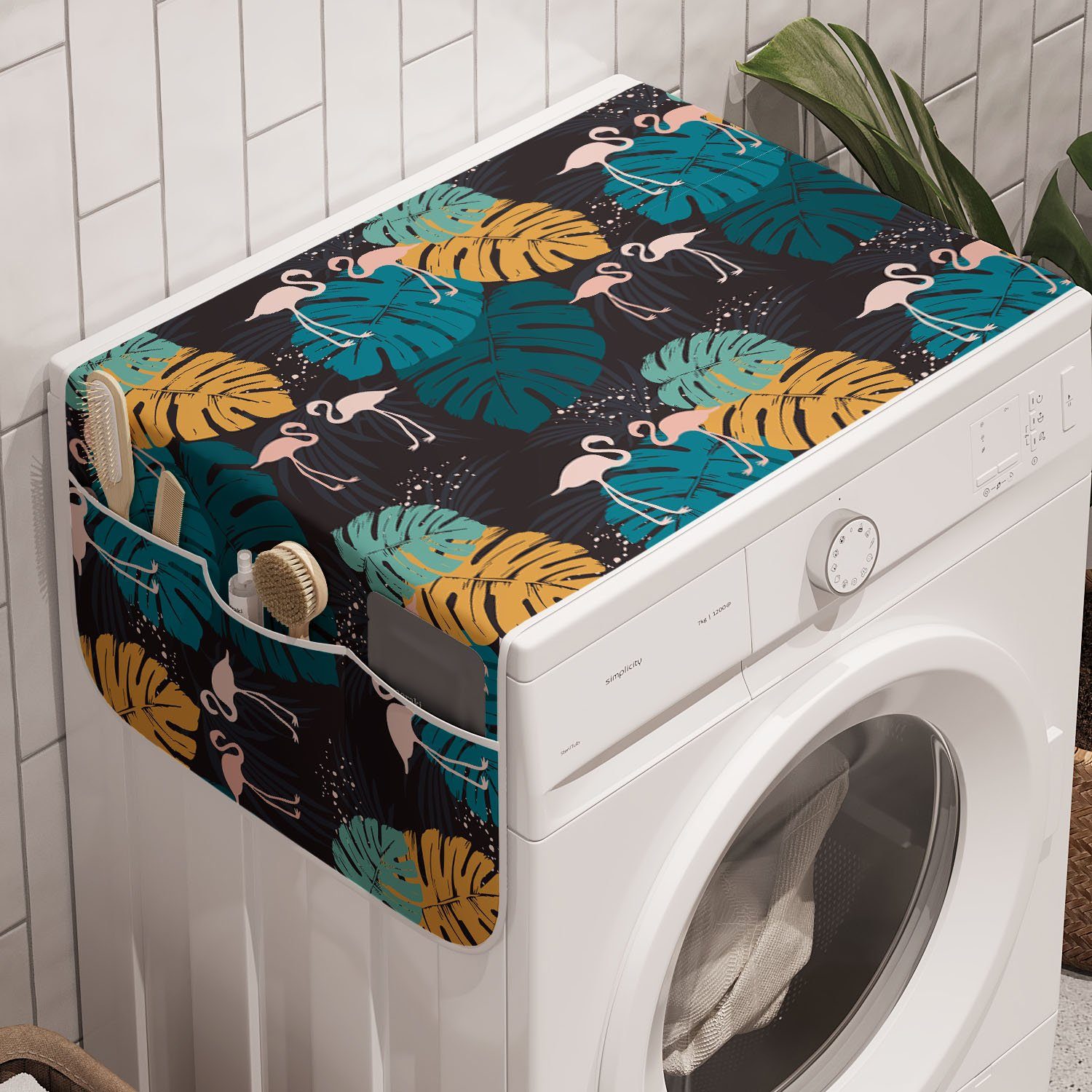 Abakuhaus Badorganizer Anti-Rutsch-Stoffabdeckung für Waschmaschine und Trockner, Safari Flamingos Tropic Monstera
