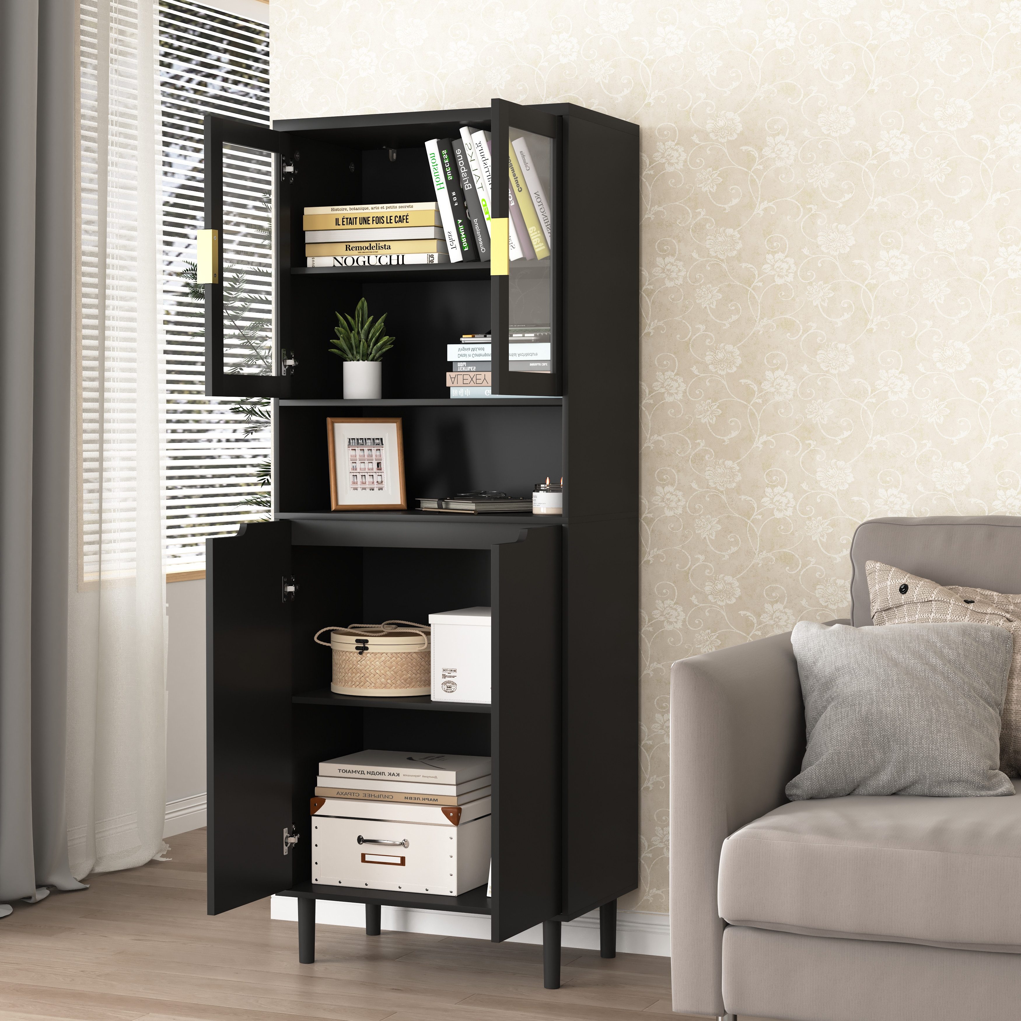 REDOM Bücherregal Modernes Hochschrank, mit 4 Türen & gehärtetem Glas – Vie günstig online kaufen