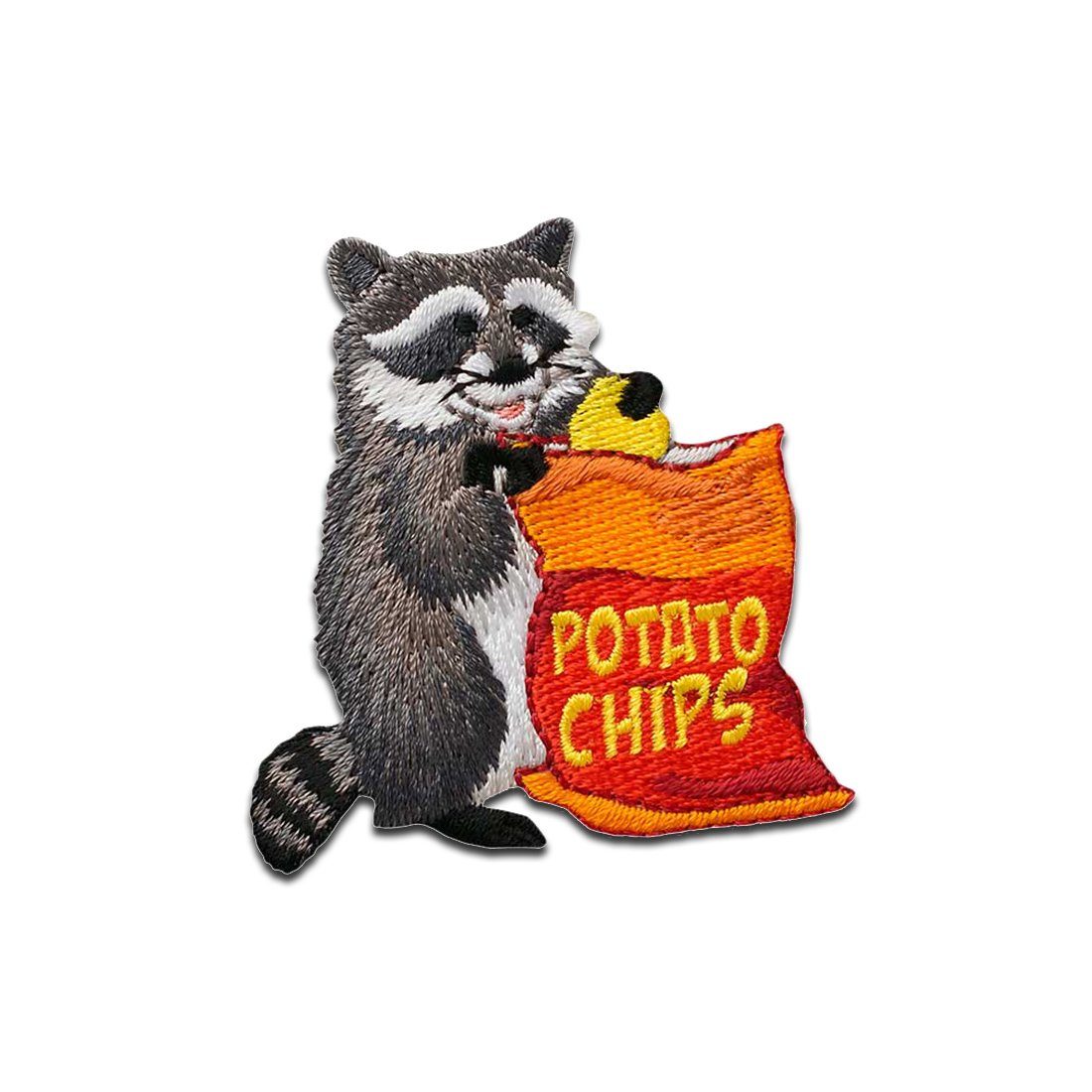 Mono-Quick Aufnäher Bügelbild, Aufbügler, Applikationen, Patches, Flicken, zum aufbügeln, PES, RY, NY, Waschbär mit Chips Tier - Größe: 4,9 x 4,8 cm