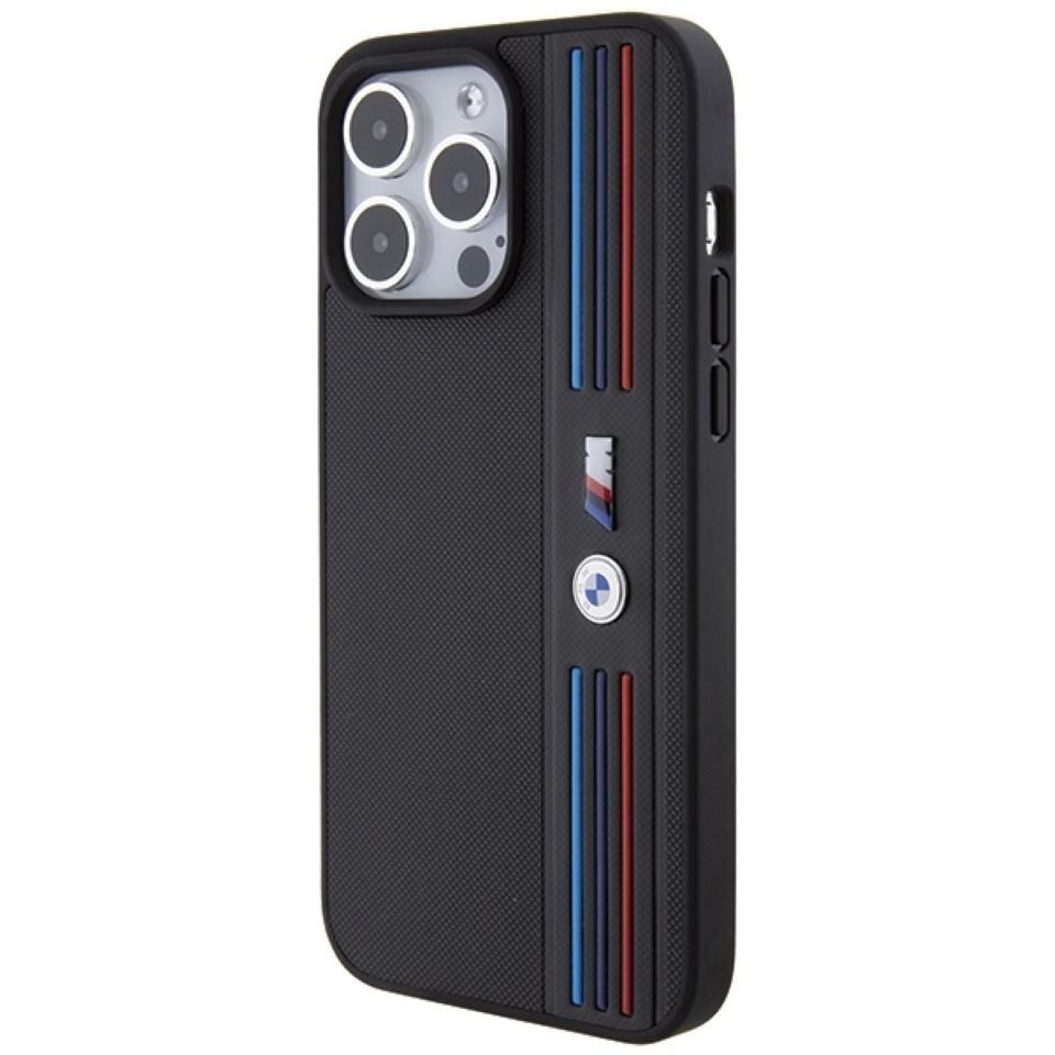 BMW Handyhülle iPhone 15 Pro Tricolor Kunststoff schwarz Logo Metall 6,1 Zoll, Kantenschutz