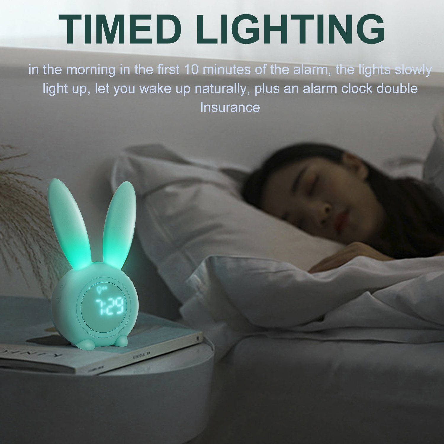 EXTSUD Wecker Kinder Lichtwecker Snooze-Funktion Creative Nachttischlampe Cute Rabbit Nachtlicht Grün zeitgesteuertes Kinderwecker