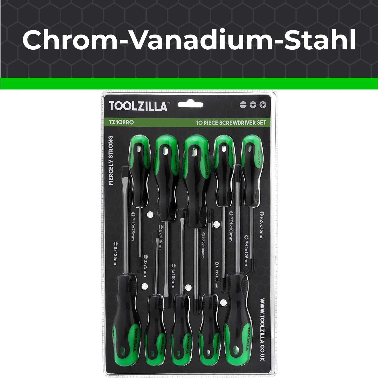 Toolzilla Bit-Schraubendreher 10-Teiliges 10 Set, Pieces magnetisches Grün Chrom-Vanadium-Stahl Schwarz / SChraubendreher