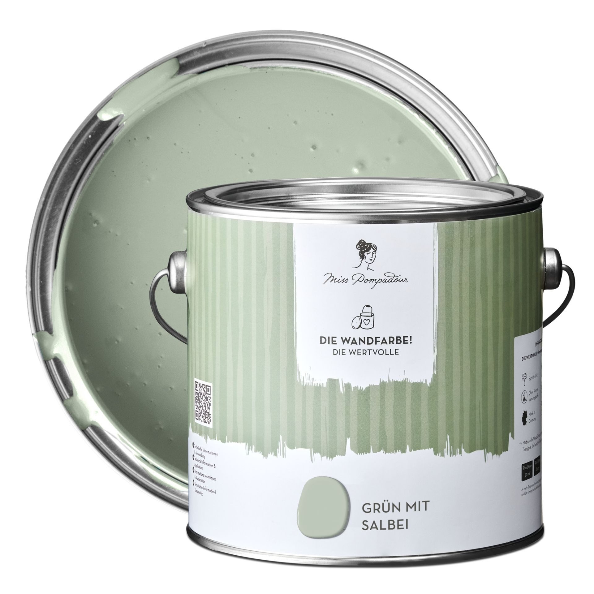 MissPompadour Wandfarbe Grün mit Salbei - matte Wandfarbe mit sehr hoher Deckkraft 2,5 L, geruchsneutrale und spritzfreie Innenfarbe, wasserbasiert