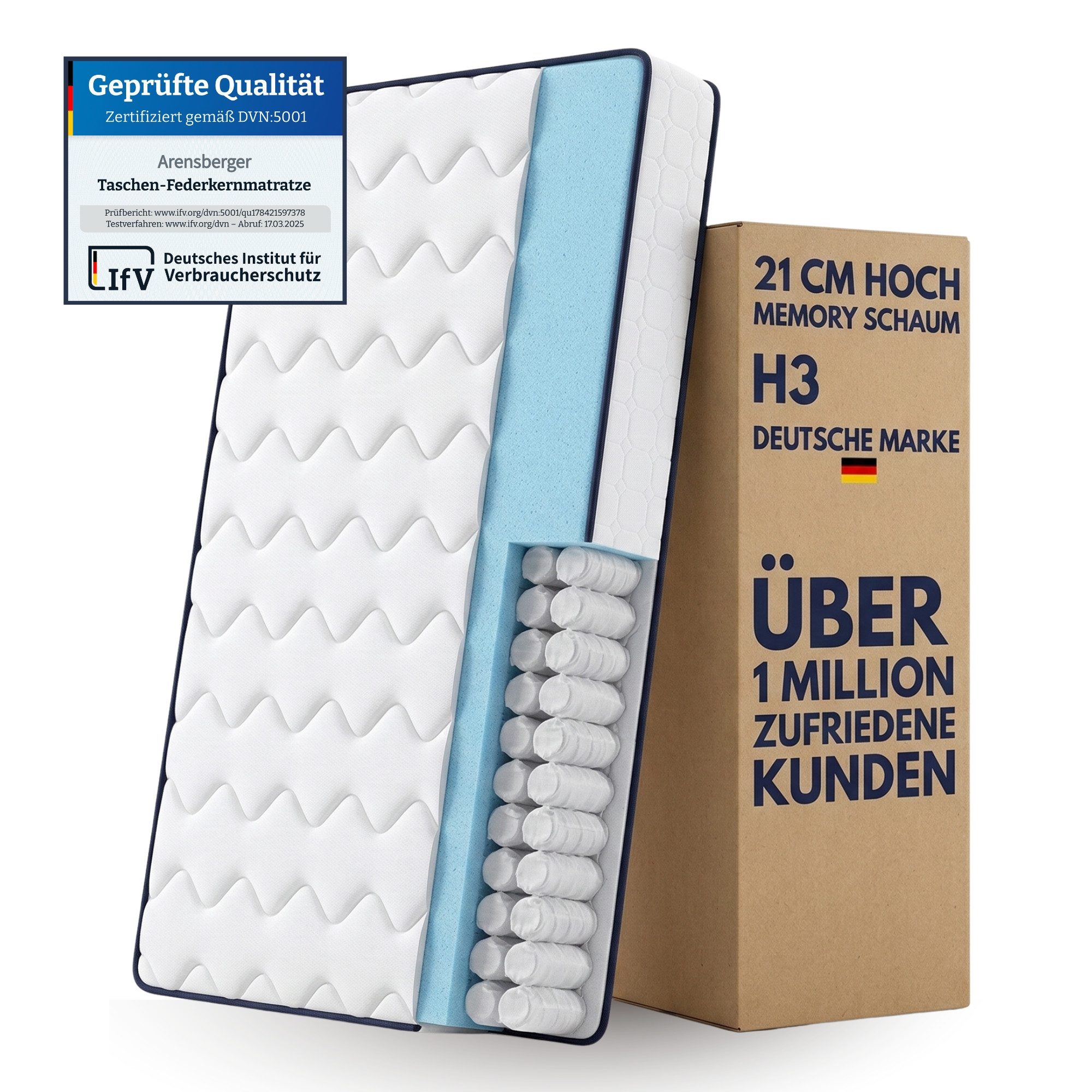 Taschenfederkernmatratze Matratze LENA, 21cm hoch, Taschen Federkernmatratze H3 Premium, Arensberger, 21 cm hoch, (90x200 cm), Taschenfederkernmatratze mit Memoryfoam und Kaltschaum 90x200cm