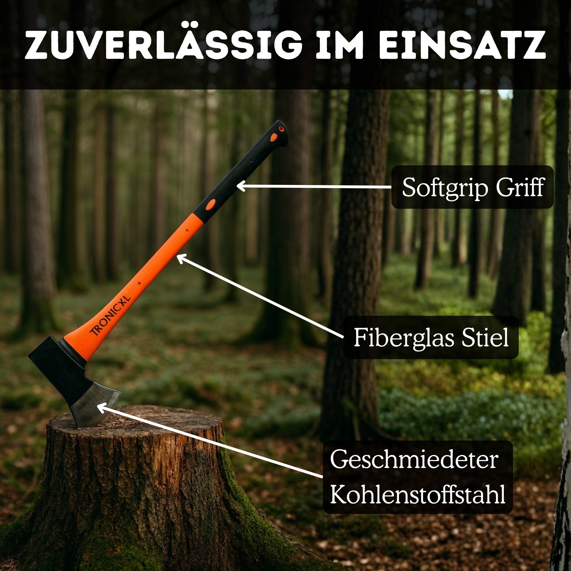 TronicXL Axt Große Axt Spaltaxt groß Beil Karbon Stahl 2000g Fiberglas Stiel Holz, 88 cm Länge, (Forst Profi, 1-St., lang Carbon Steel), Brennholz zum spalten Baum fällen